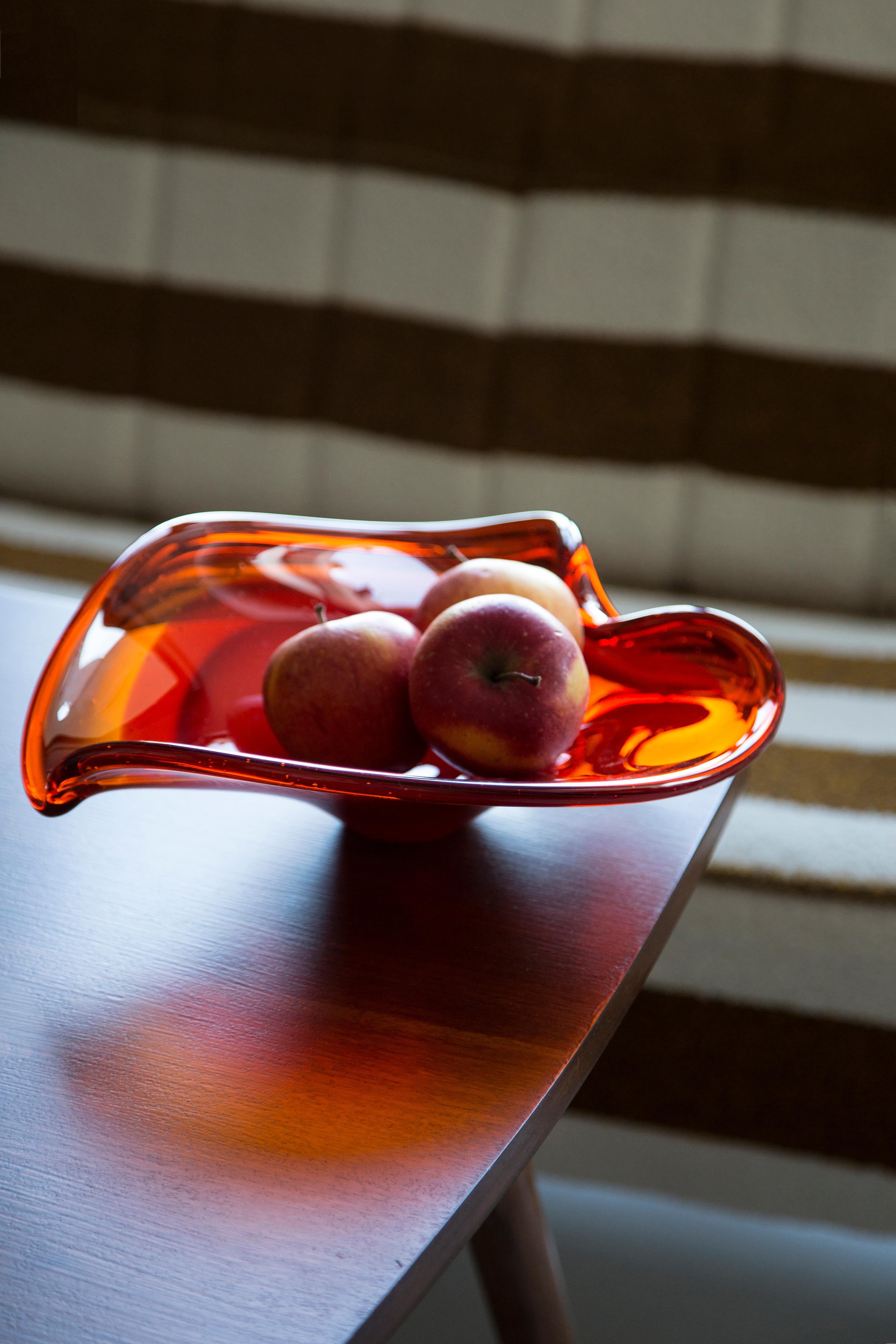 Midcentury Vintage Red and Orange Decorative Crystal Glass Plate, Italy, 1960s For Sale 2
