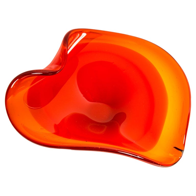 Midcentury Vintage Red and Orange Decorative Crystal Glass Plate, Italy