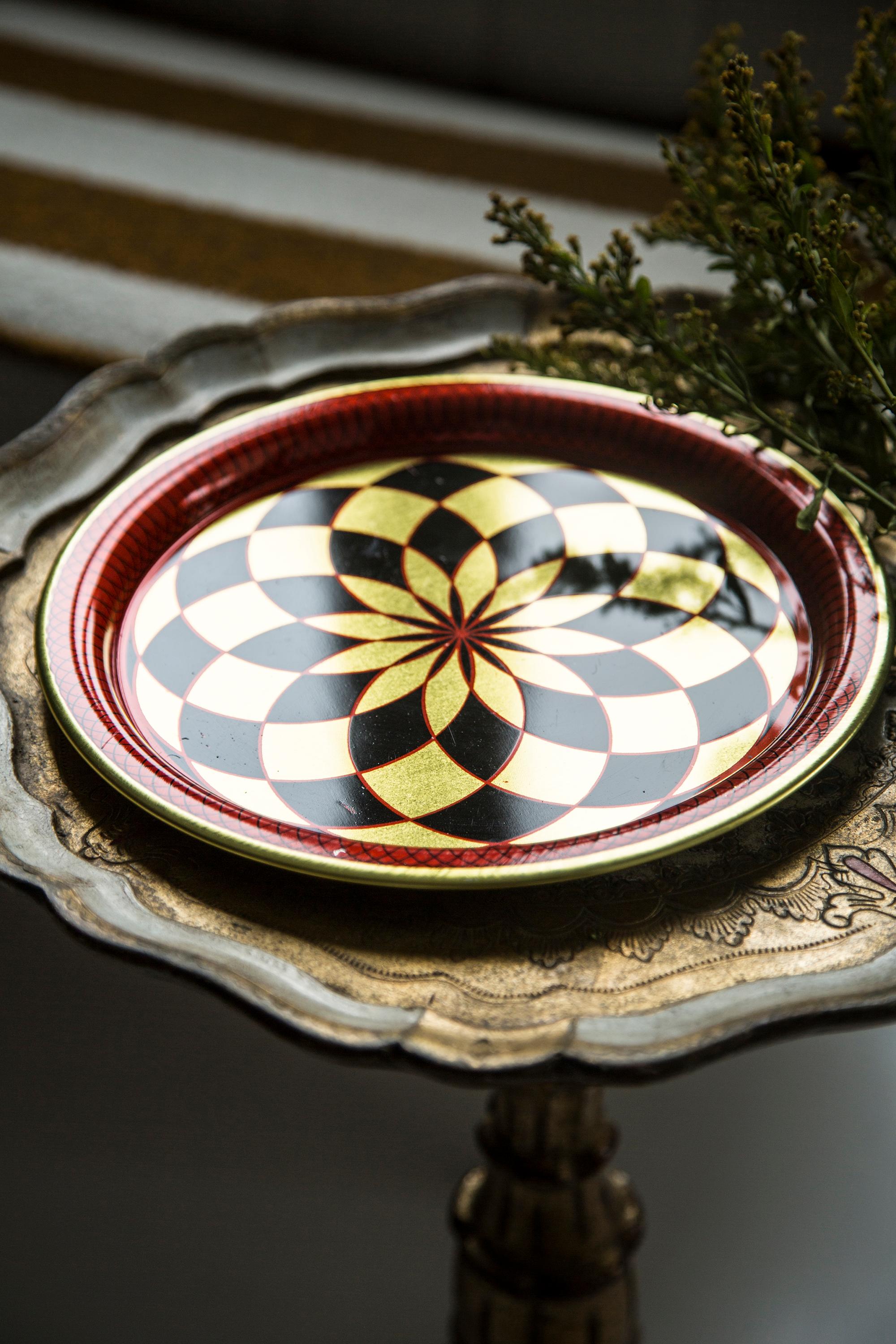 Polish Midcentury Vintage Red Black and Gold Decorative Metal Plate, Poland, 1960s For Sale