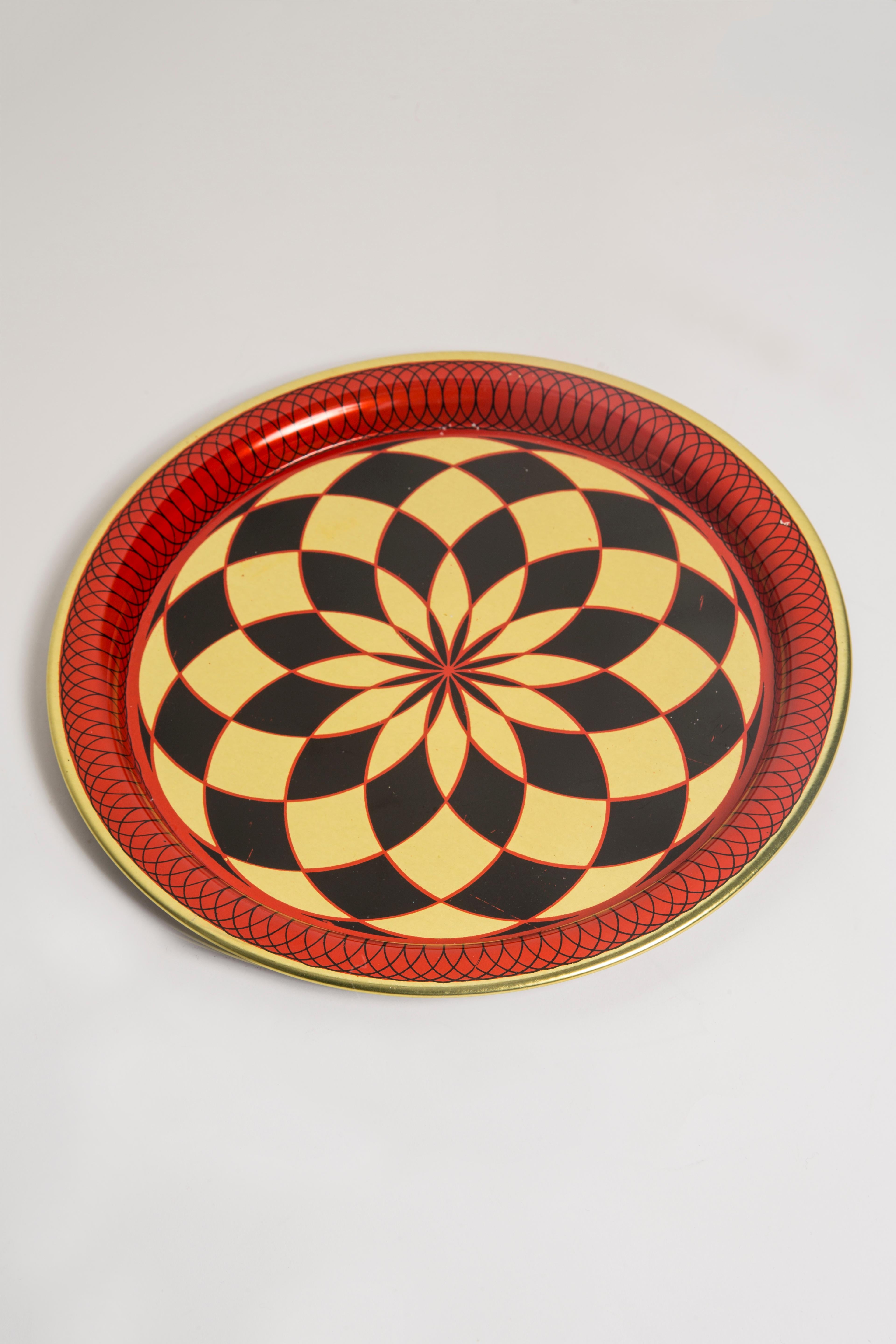Midcentury Vintage Red Black and Gold Decorative Metal Plate, Poland, 1960s For Sale 2