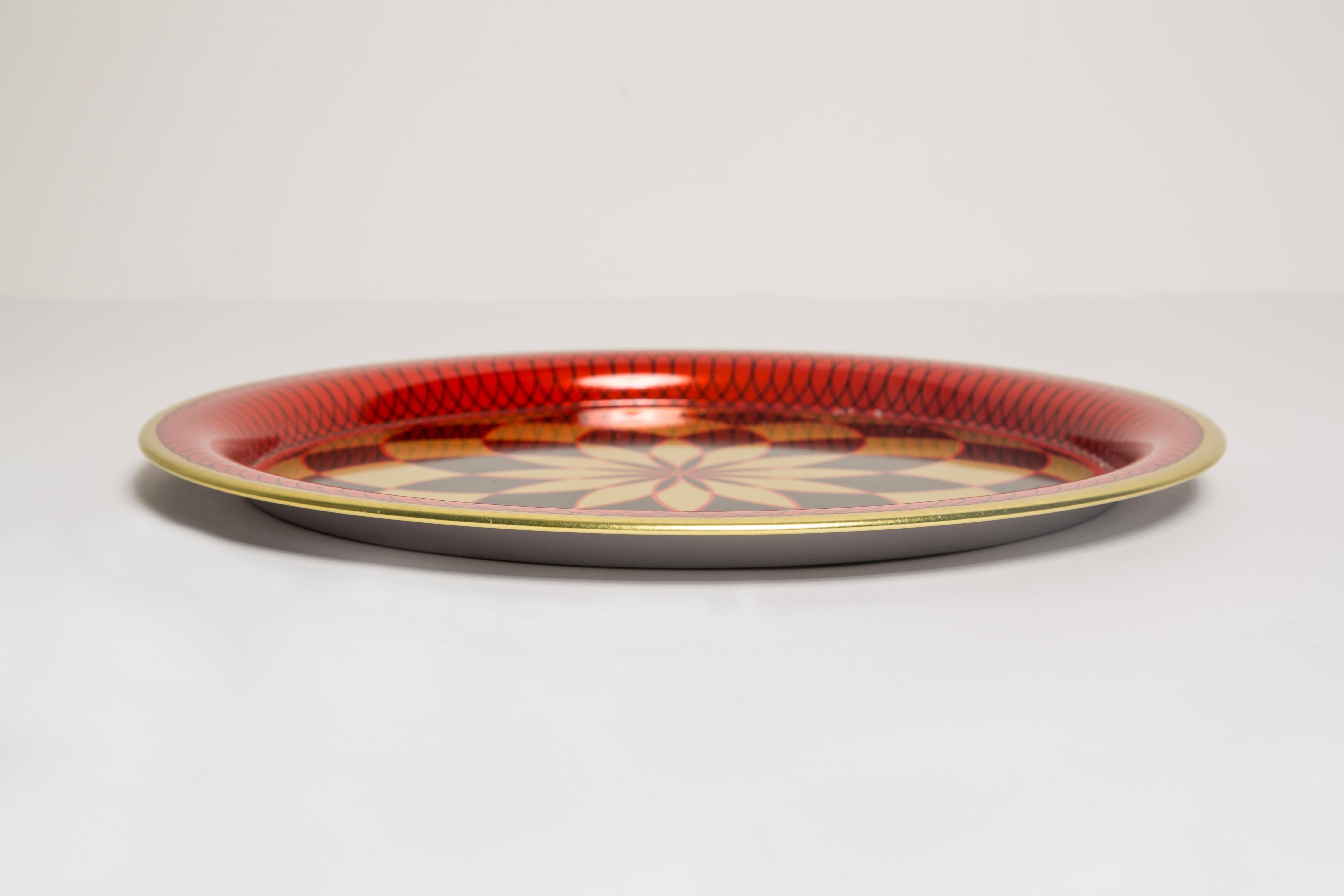 Midcentury Vintage Red Black and Gold Decorative Metal Plate, Poland, 1960s For Sale 3