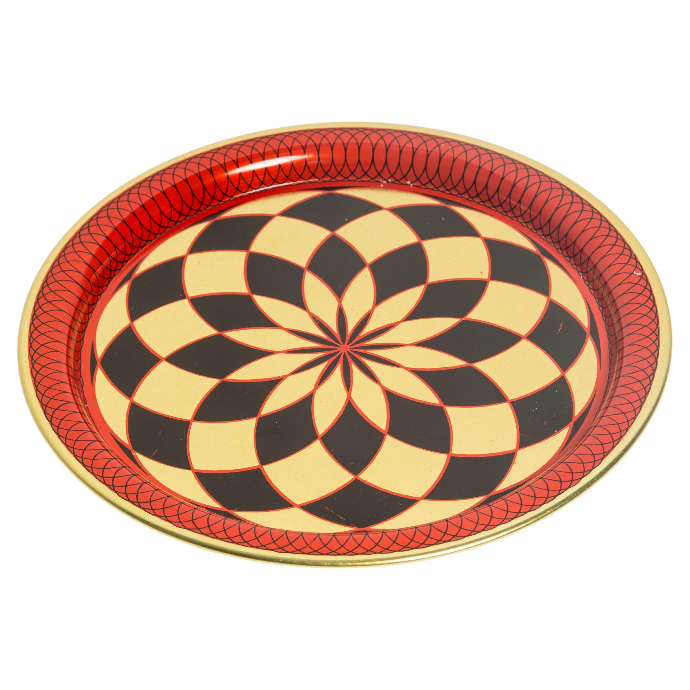 Midcentury Vintage Red Black and Gold Decorative Metal Plate, Poland, 1960s