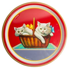 Midcentury Vintage Red Cats Decorative Metal Plate, Poland, 1960s