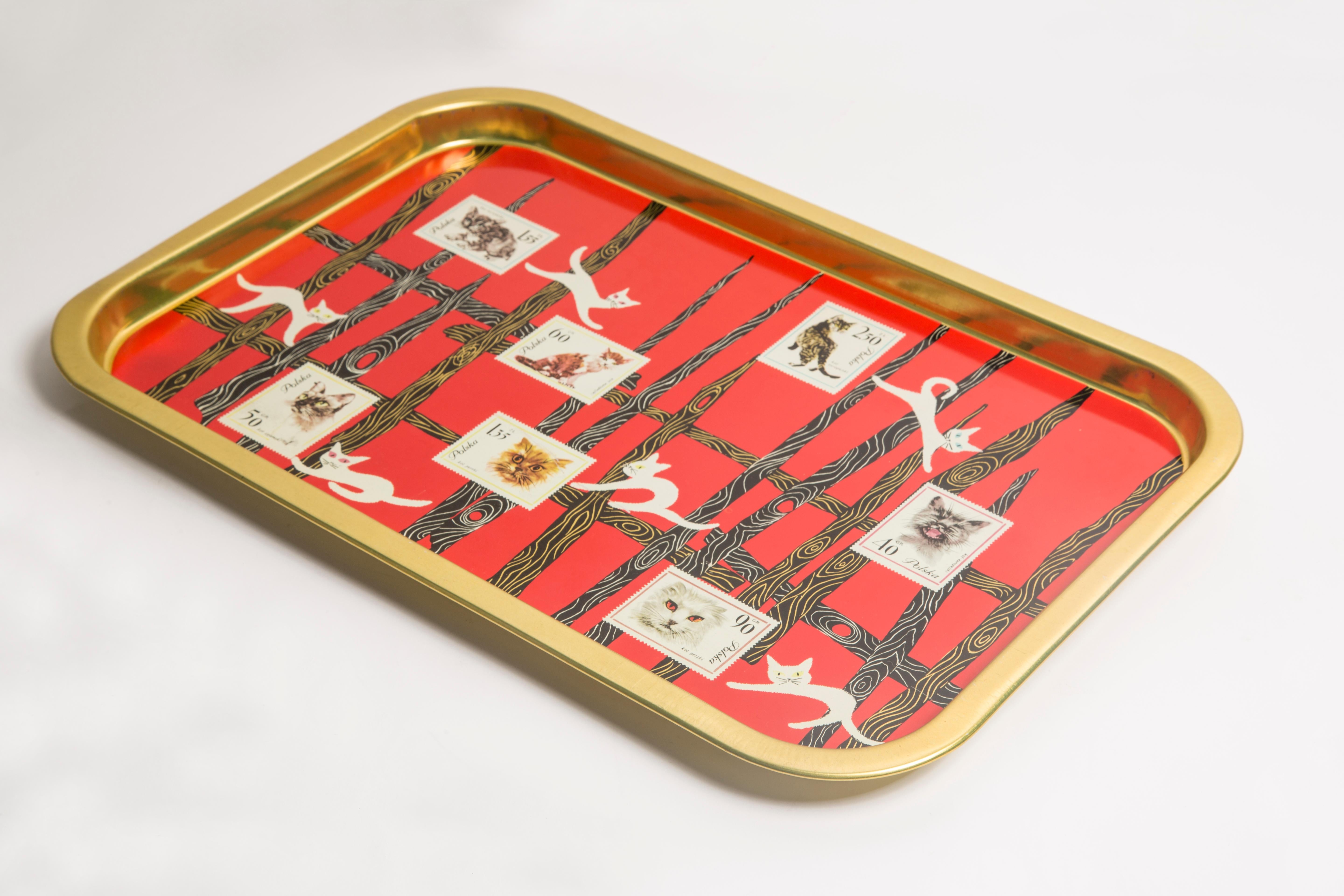 Midcentury Vintage Red Cats Decorative Stamp Metal Plate, Poland, 1960s 2