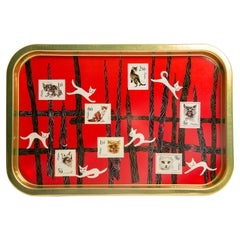 Midcentury Vintage Red Cats Decorative Stamp Metal Plate, Poland, 1960s