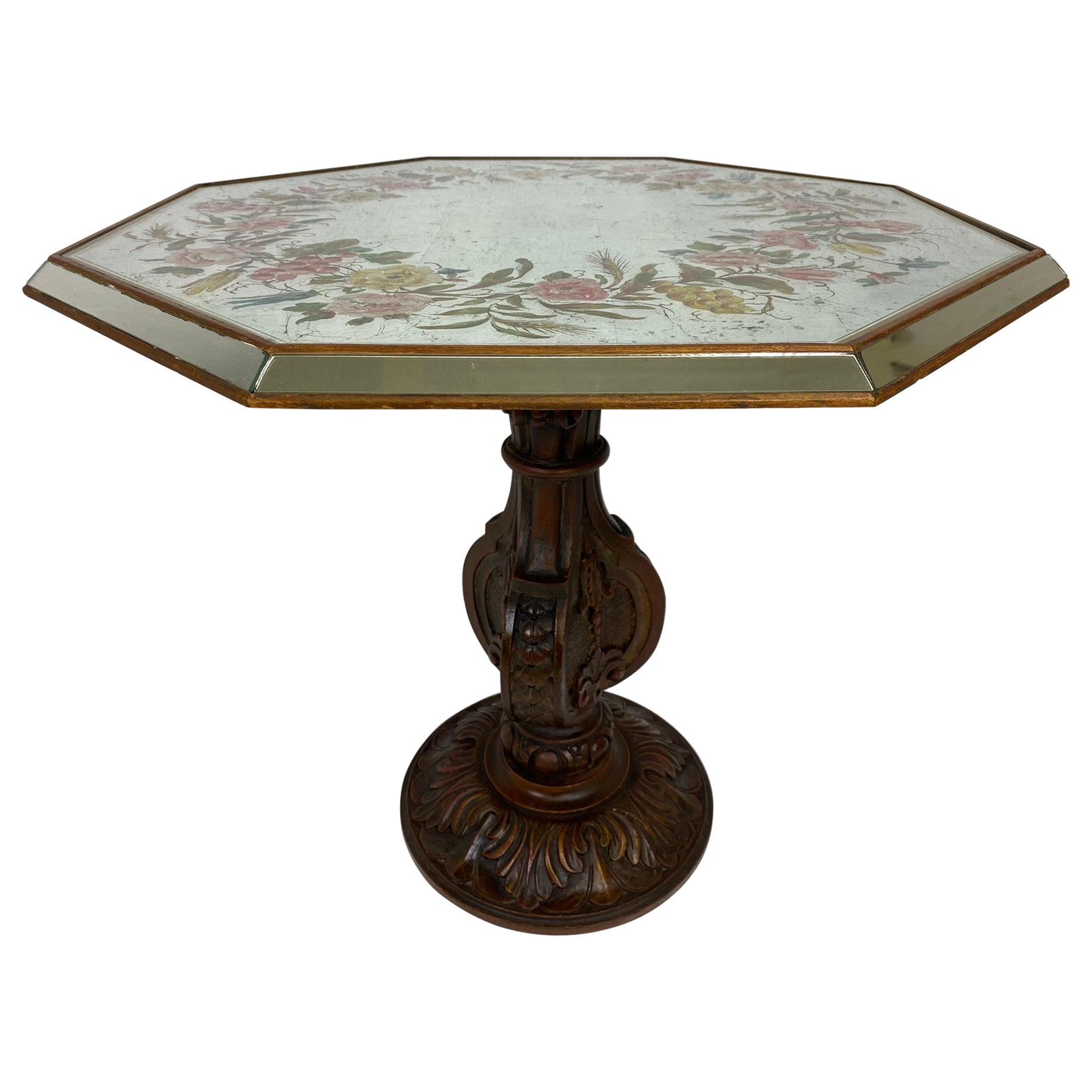 Mesa auxiliar vintage de mediados de siglo con espejo pintado al revés.