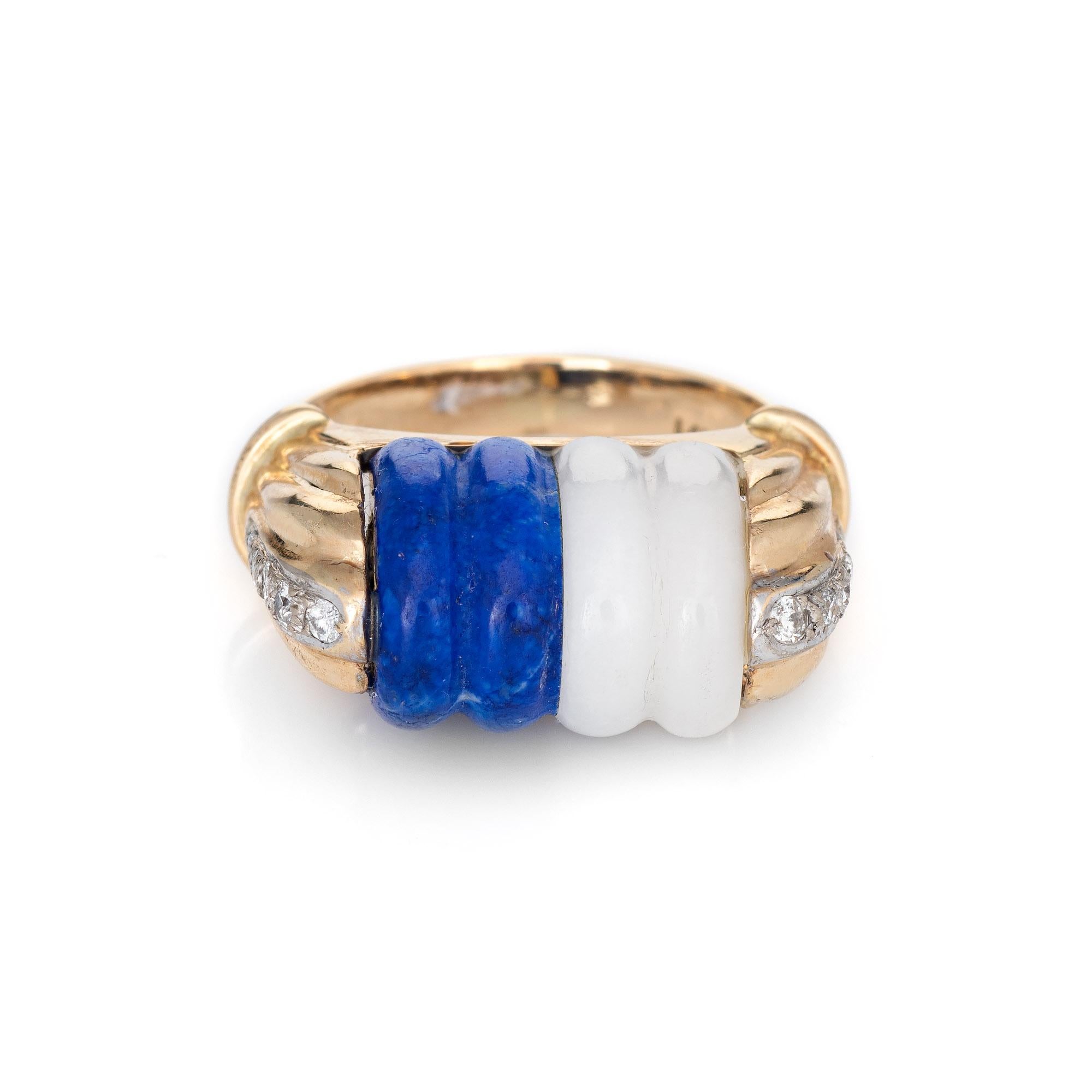 Finely detailed mid century vintage cocktail ring (circa 1950s to 1960s), crafted in 14 karat yellow gold. 

Fluted sodalite and white agate measures 12mm x 10mm. The diamonds total an estimated 0.15 carats (estimated at I color and SI2 clarity).
