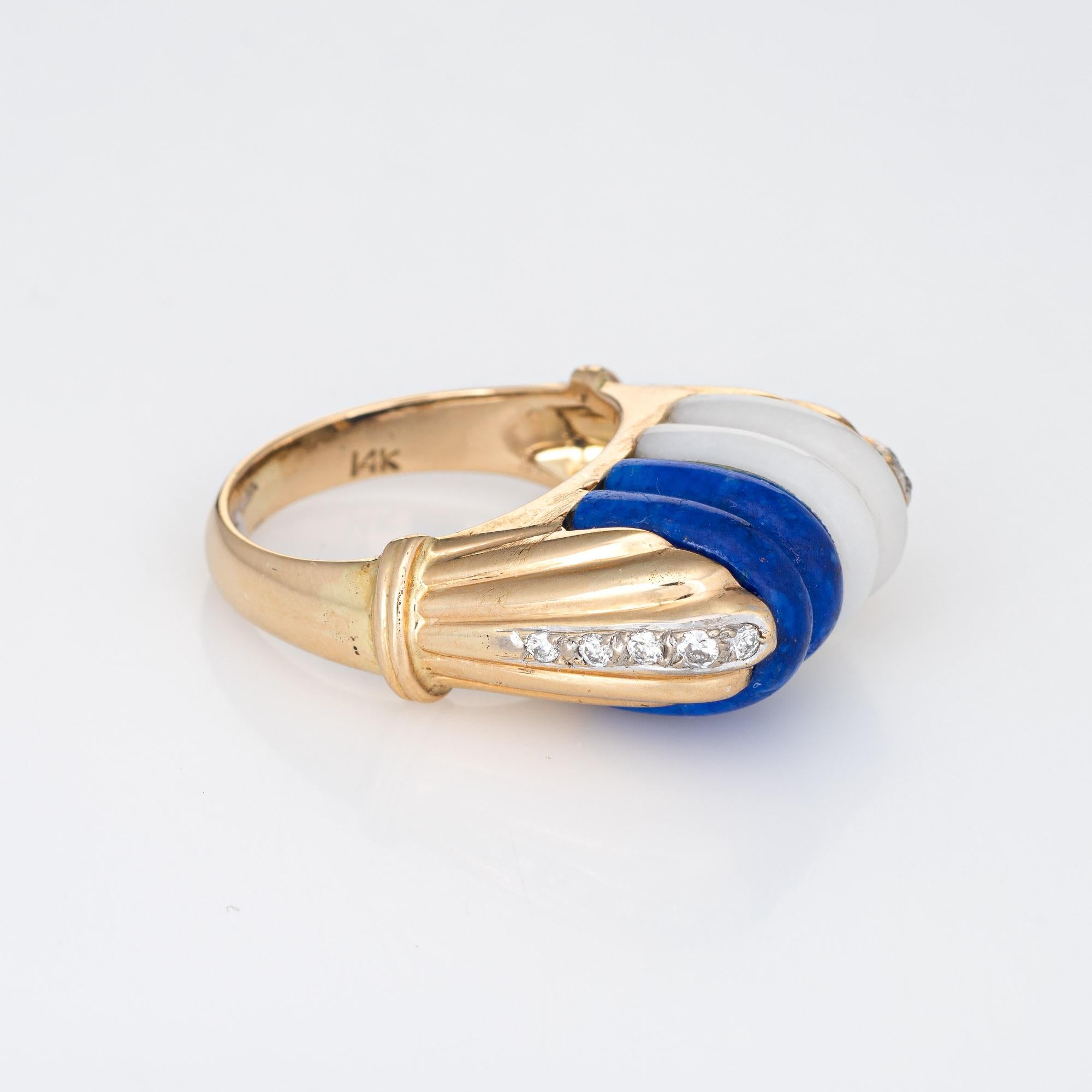 Modern Mid Century Vintage Ring Diamond Fluted Sodalite White Agate 14k Gold Cocktail For Sale