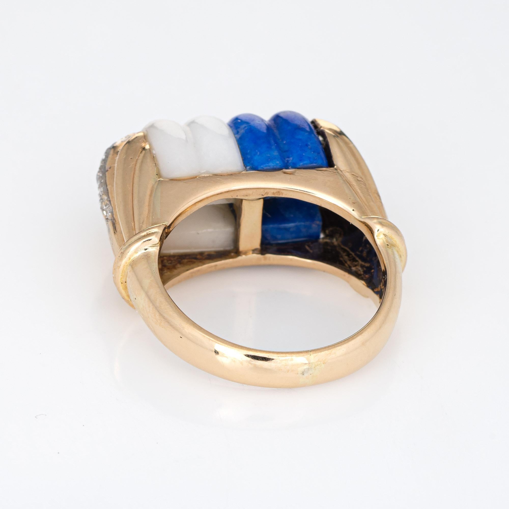 Mid Century Vintage Ring Diamond Fluted Sodalite White Agate 14k Gold Cocktail In Good Condition For Sale In Torrance, CA