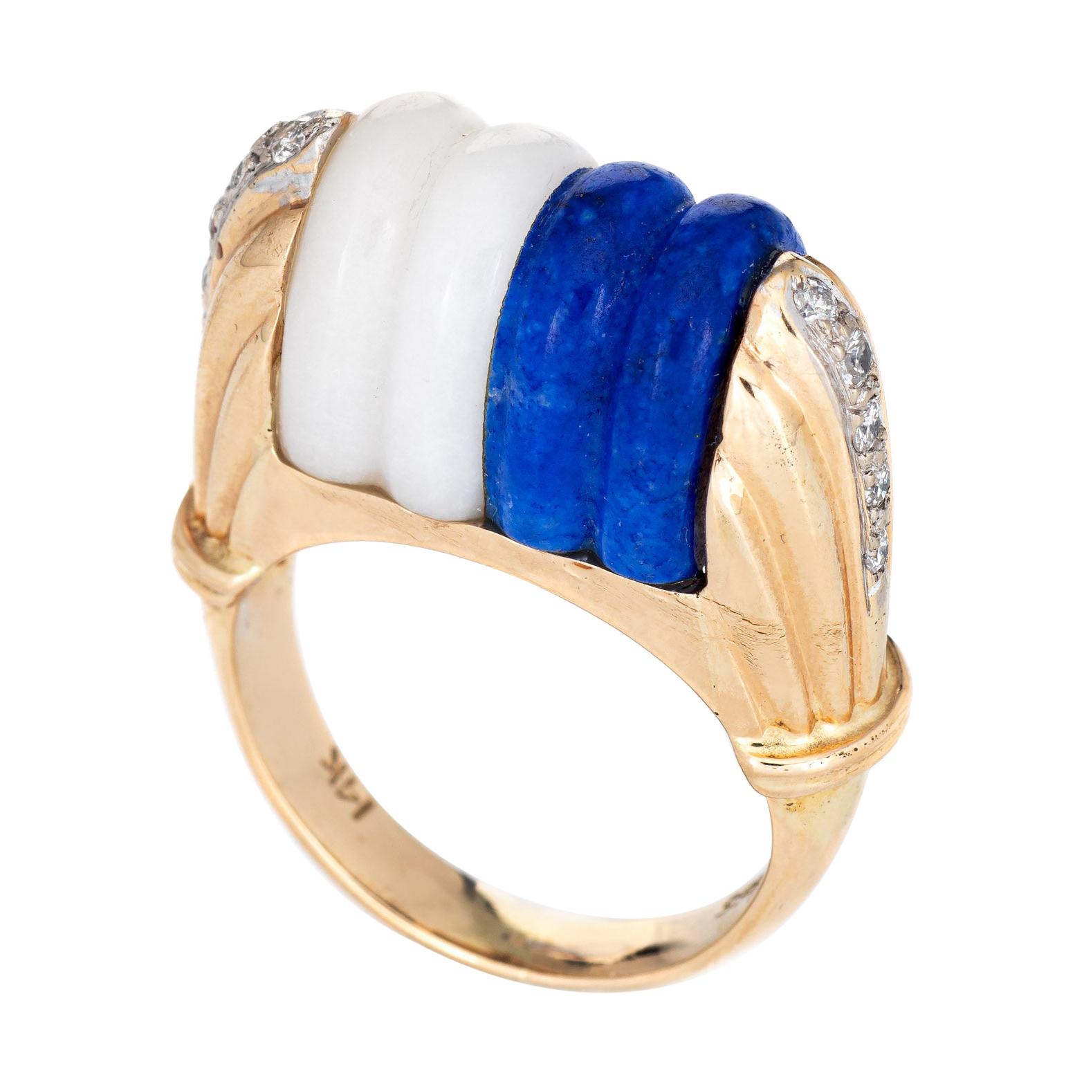 Mid Century Vintage Ring Diamond Fluted Sodalite White Agate 14k Gold Cocktail For Sale