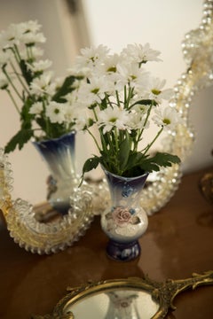 Midcentury Vintage Roses Small Porcelain Glossy Blue Vase, Italy, 1960s