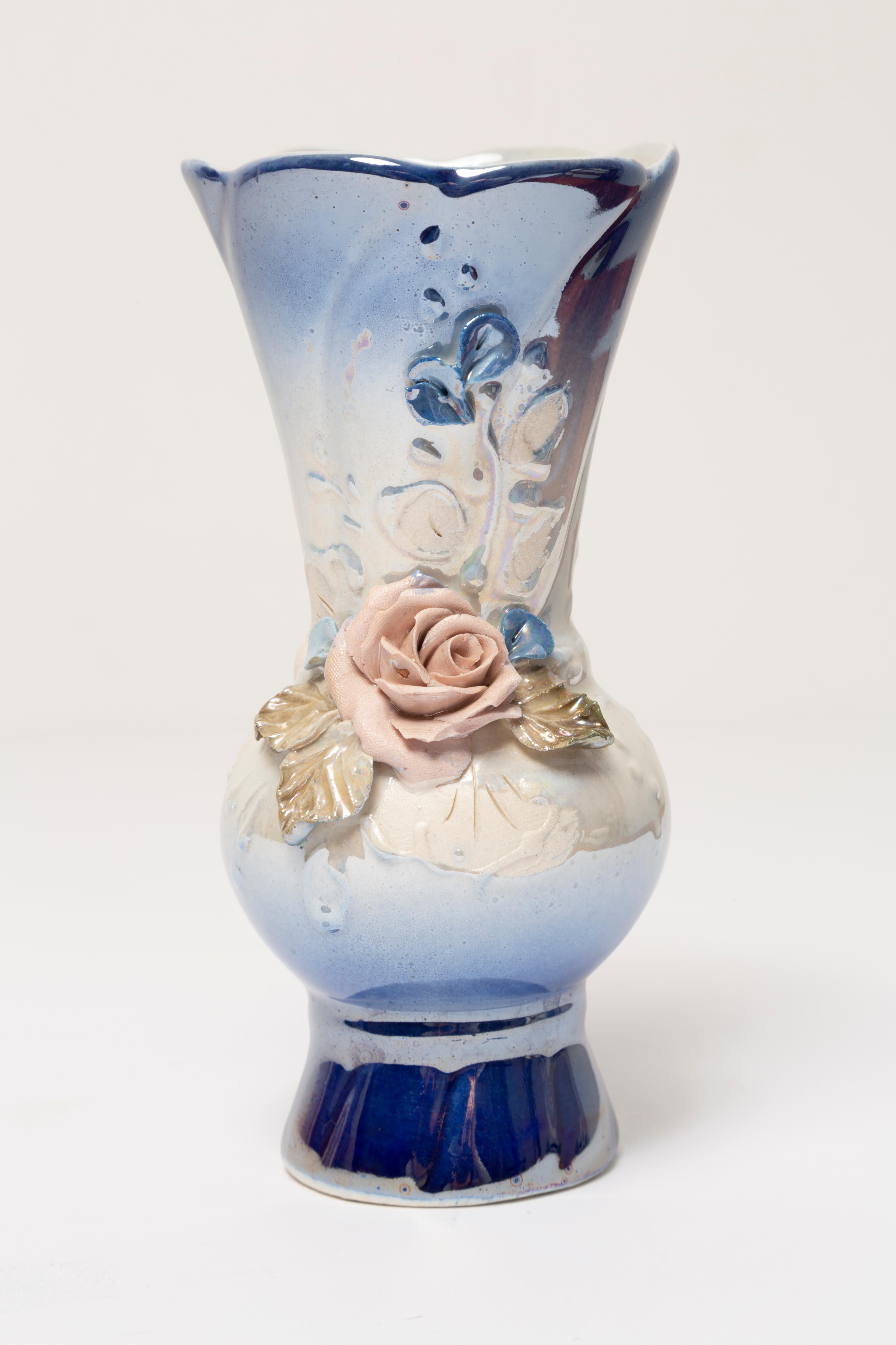 20th Century Midcentury Vintage Roses Small Porcelain Glossy Blue Vase, Italy, 1960s For Sale