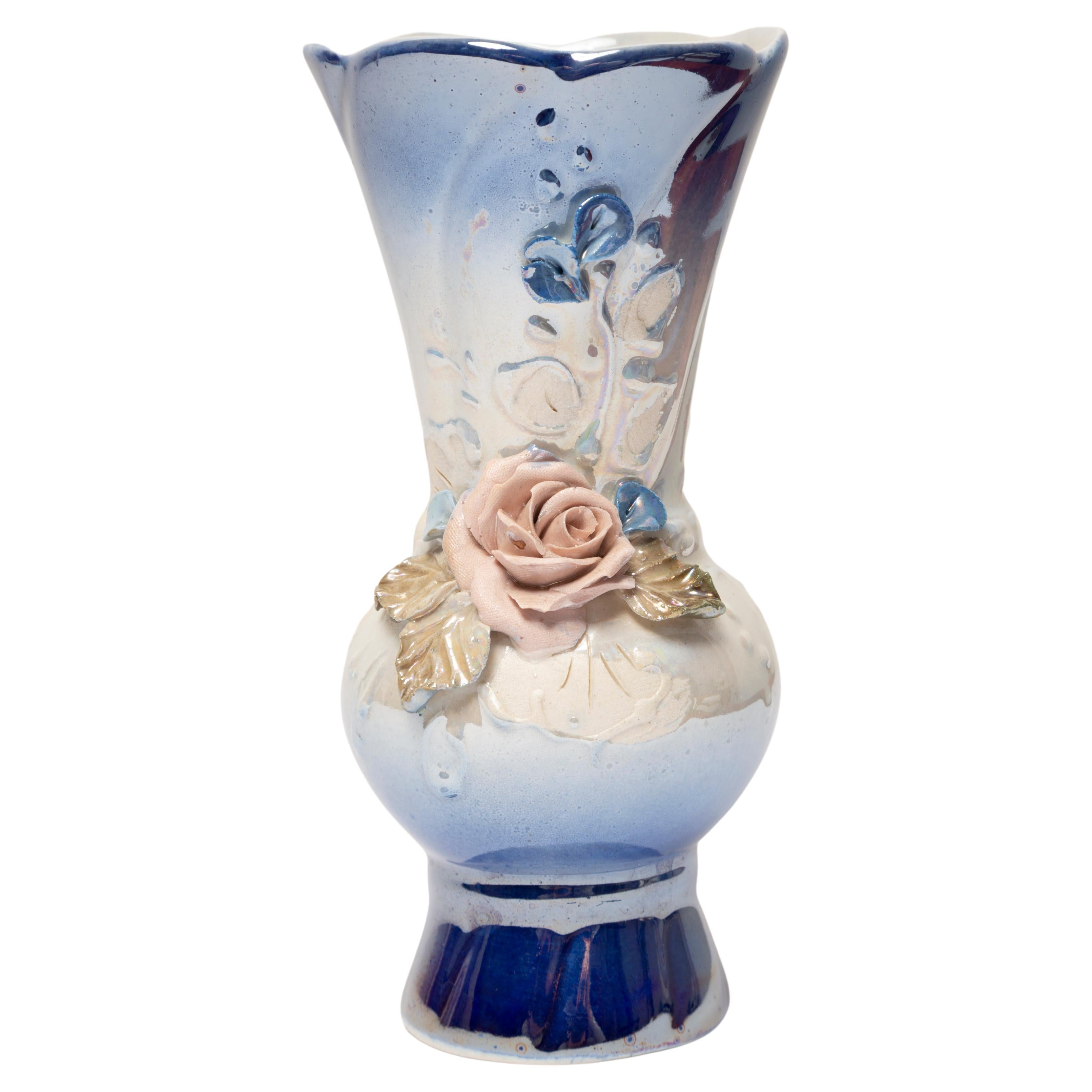 Midcentury Vintage Roses Small Porcelain Glossy Blue Vase, Italy, 1960s For Sale