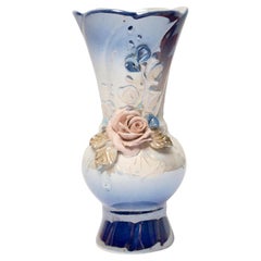 Midcentury Vintage Roses Small Porcelain Glossy Blue Vase, Italy, 1960s