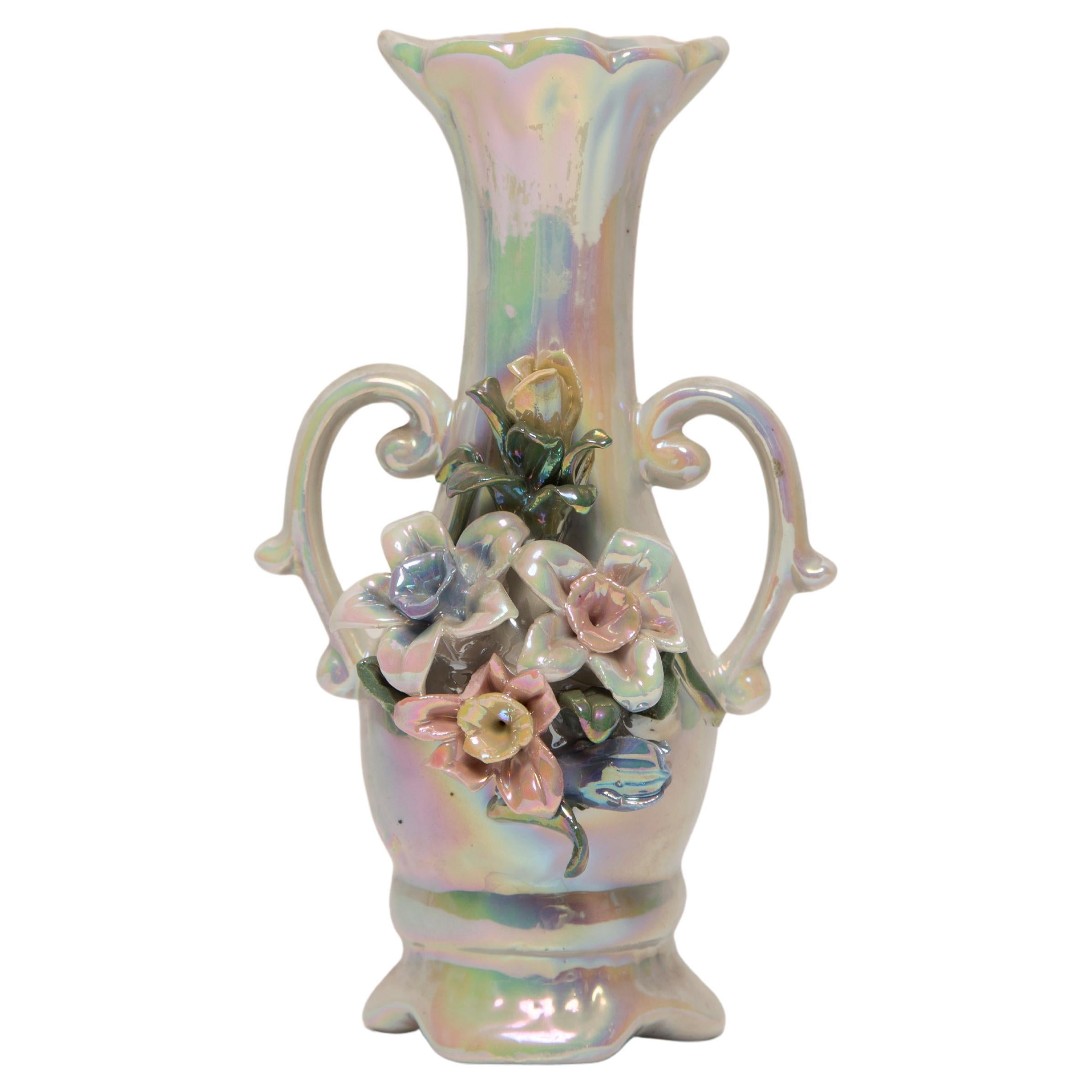Midcentury Vintage Roses Small Porcelain Glossy Vase, Italy, 1960s For Sale