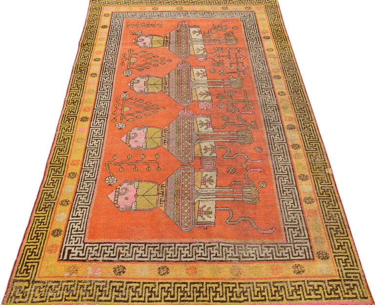 Mid-Century Vintage Samarkand Orange Handmade Pictorial Motif Wool Rug ...