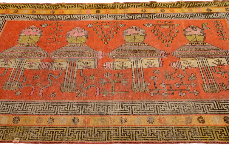 Mid-Century Vintage Samarkand Orange Handmade Pictorial Motif Wool Rug ...