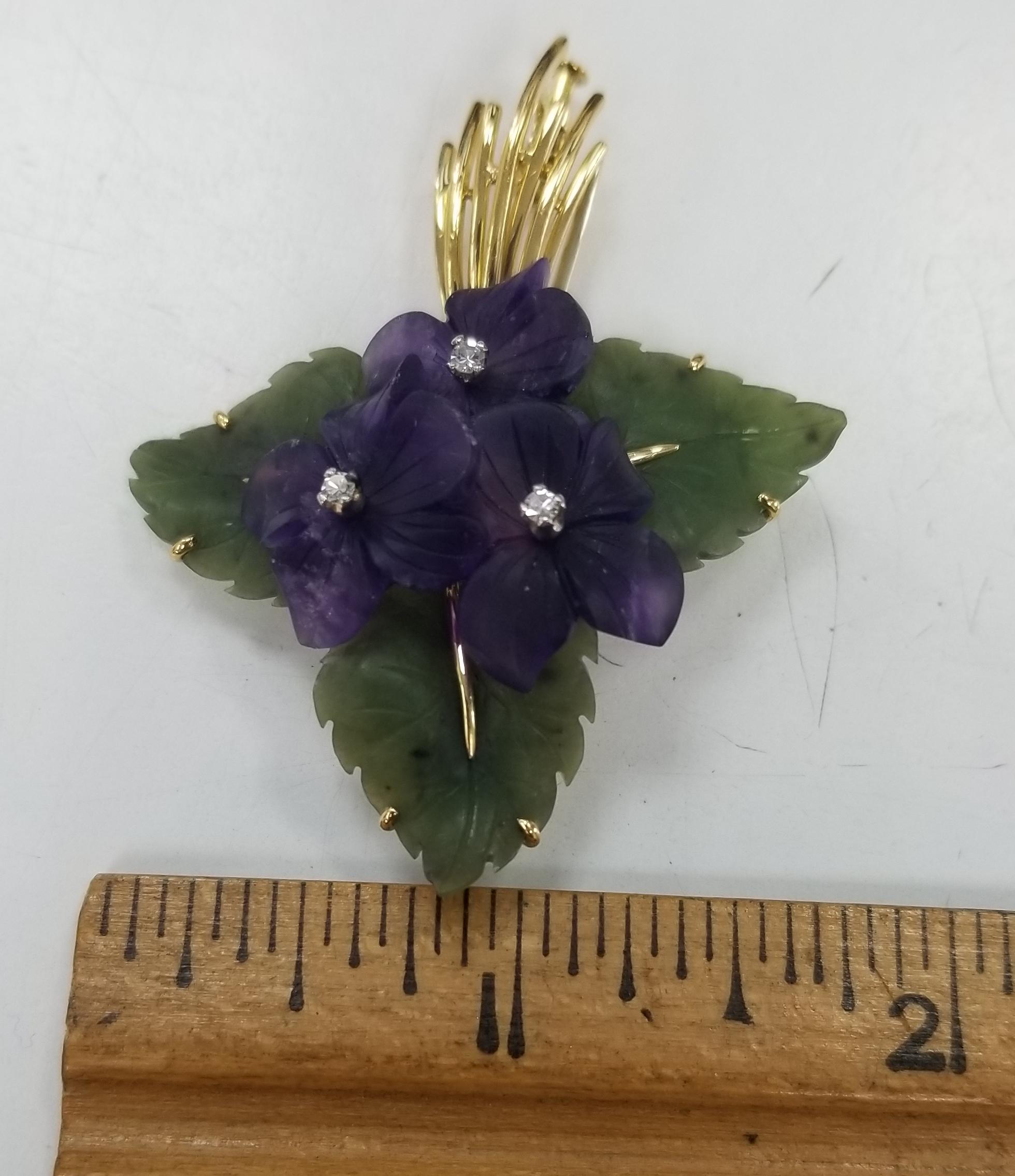Women's or Men's Midcentury Vintage Set of Pin and Earrings Features Carved Amethyst and Nephrite