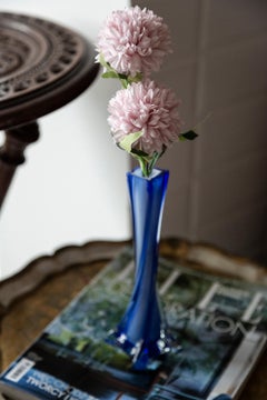 Midcentury Vintage Slim Blue Decorative Glass Vase, Europe, 1960s