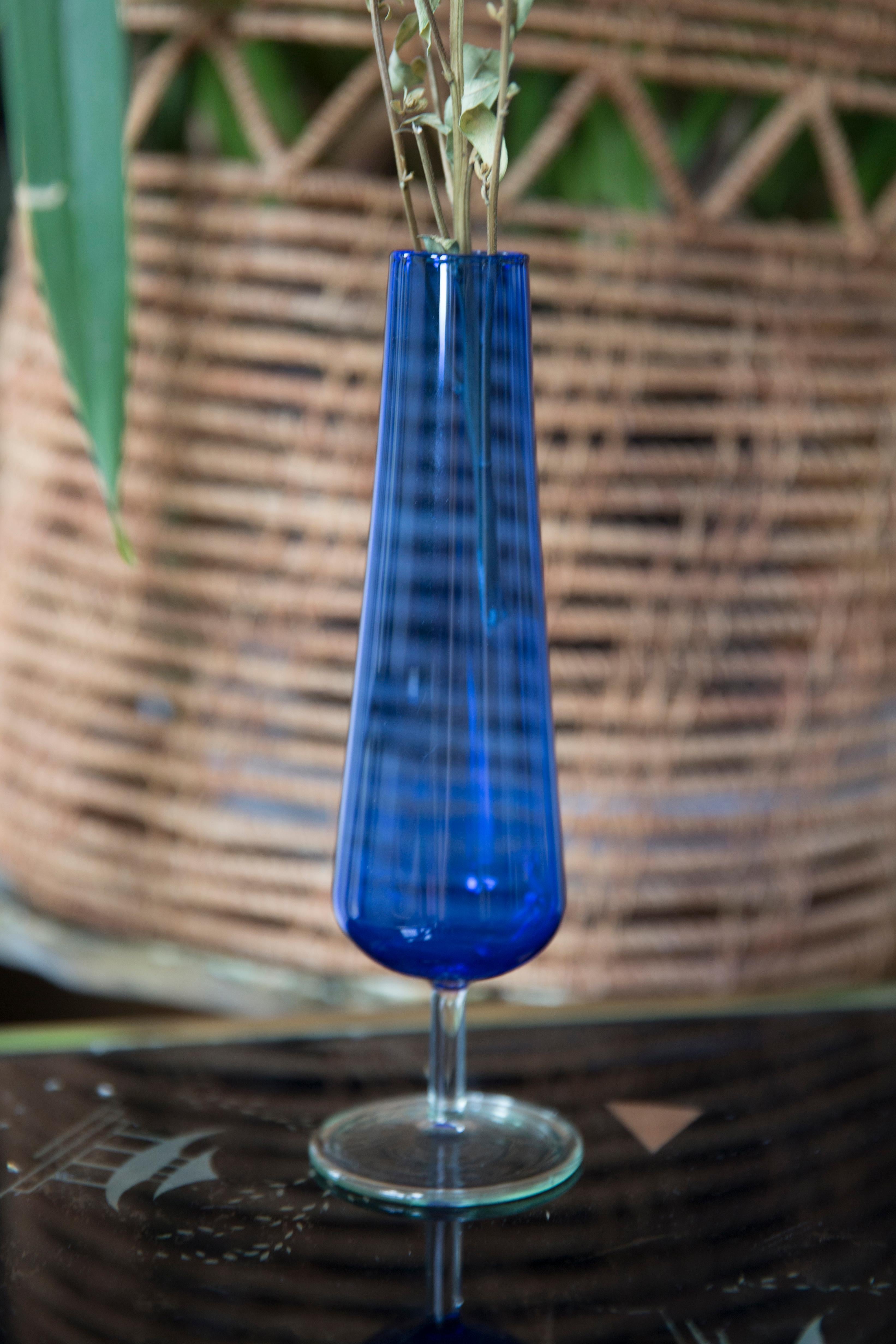Mid-Century Modern Mid Century Vintage Slim Blue Decorative Glass Vase, Europe, 1960s For Sale