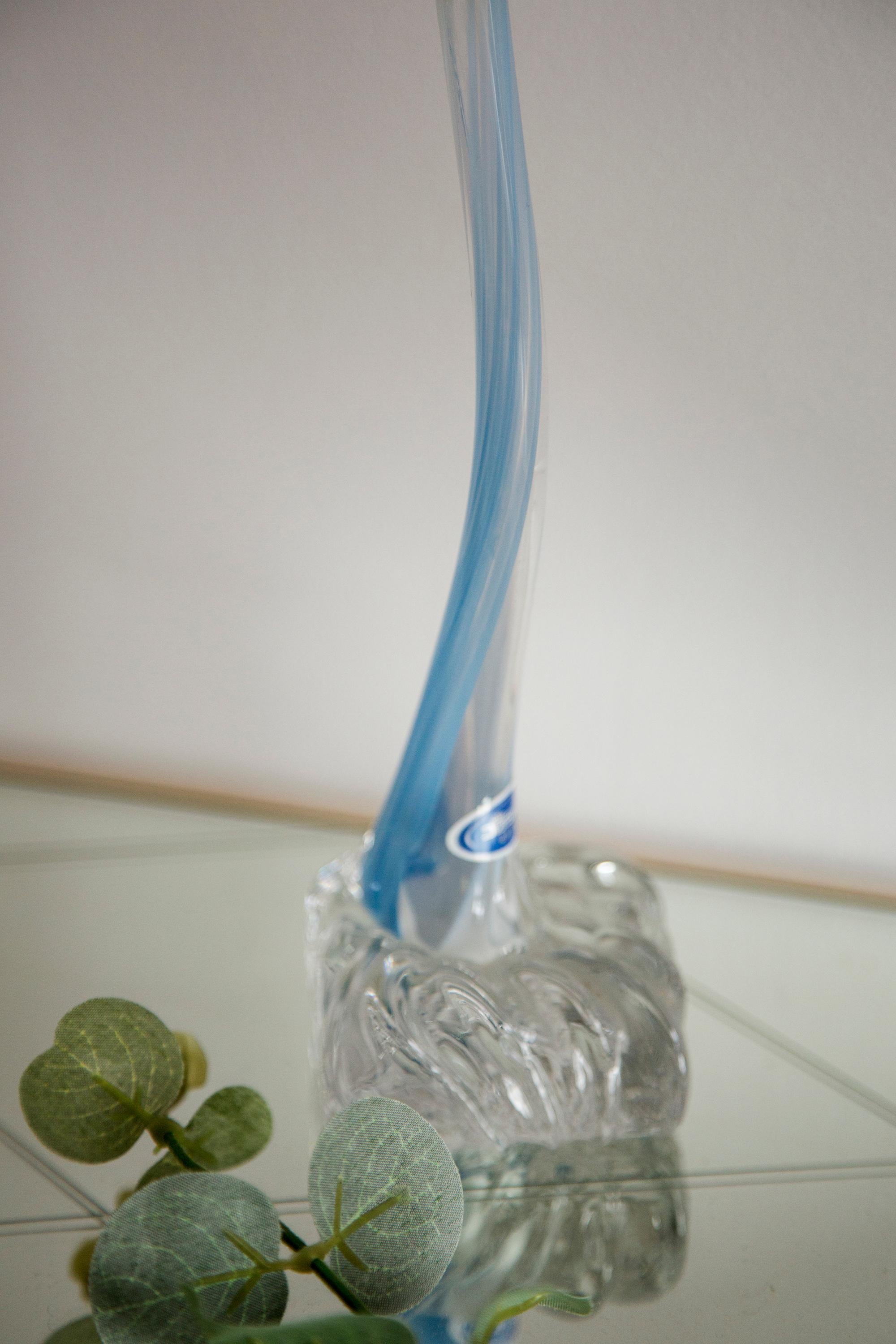 Polish Midcentury Vintage Slim Blue Decorative Glass Vase, Europe, 1960s For Sale