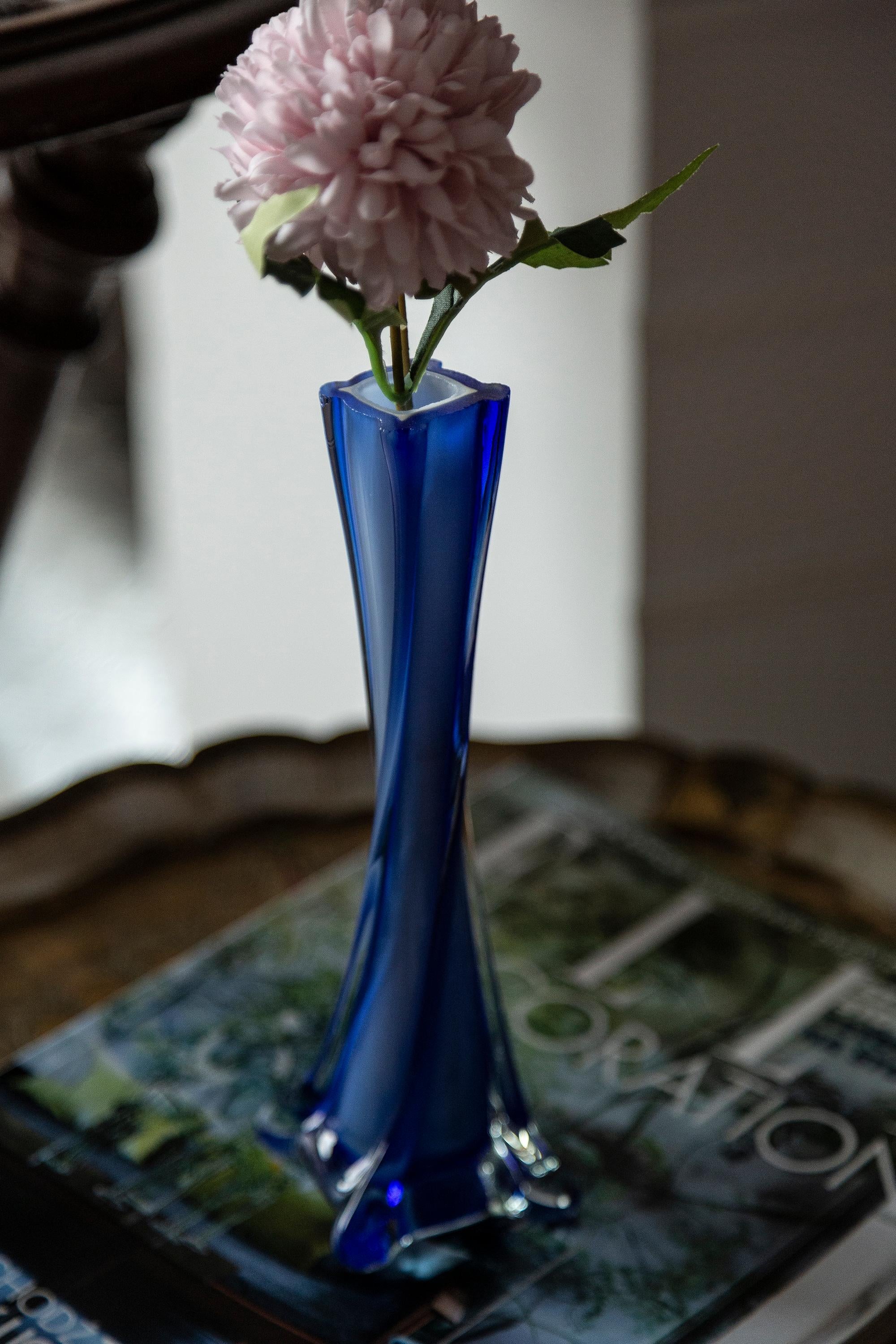 Mid-Century Modern Midcentury Vintage Slim Blue Decorative Glass Vase, Europe, 1960s For Sale