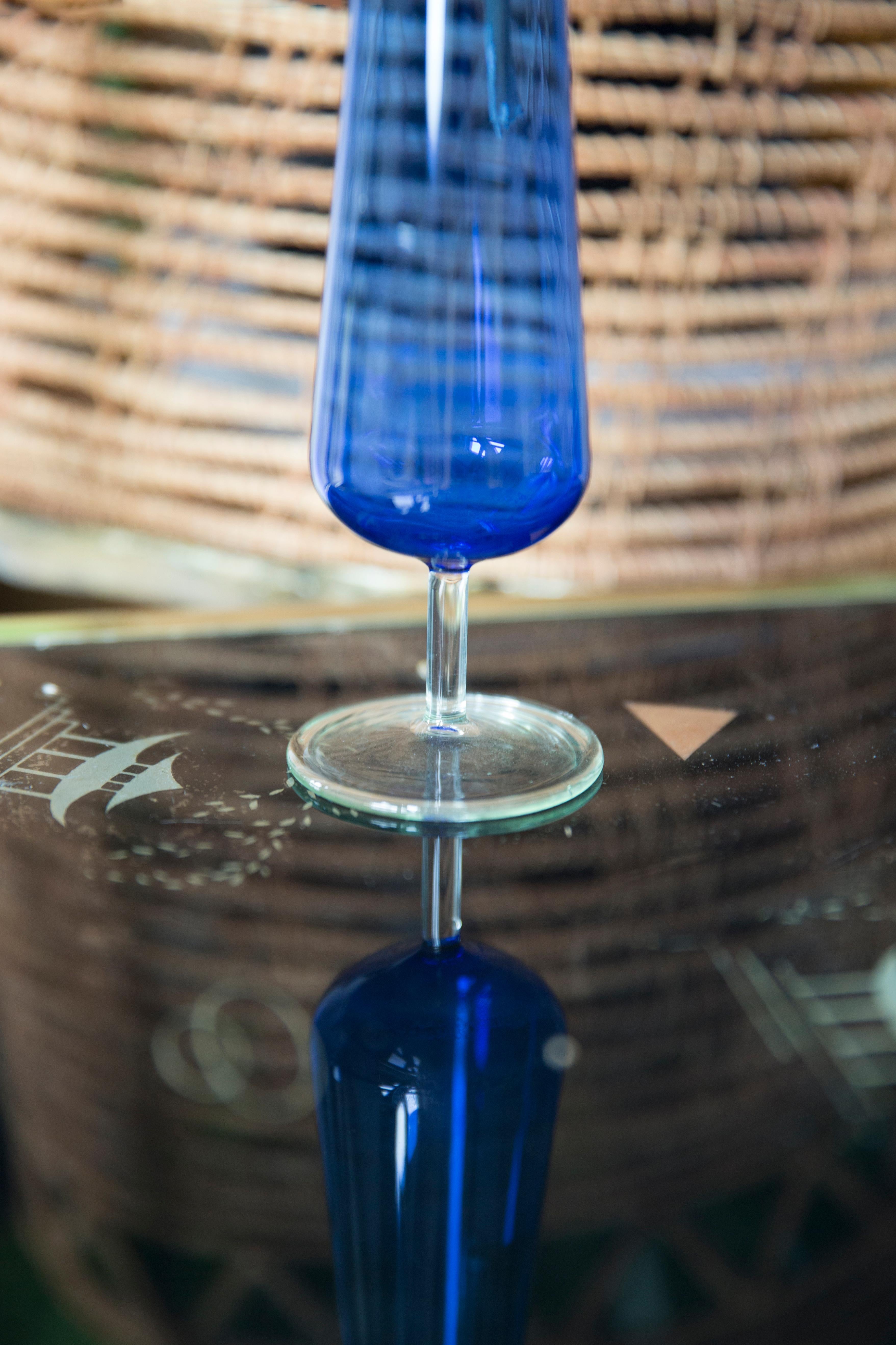 Polish Mid Century Vintage Slim Blue Decorative Glass Vase, Europe, 1960s For Sale