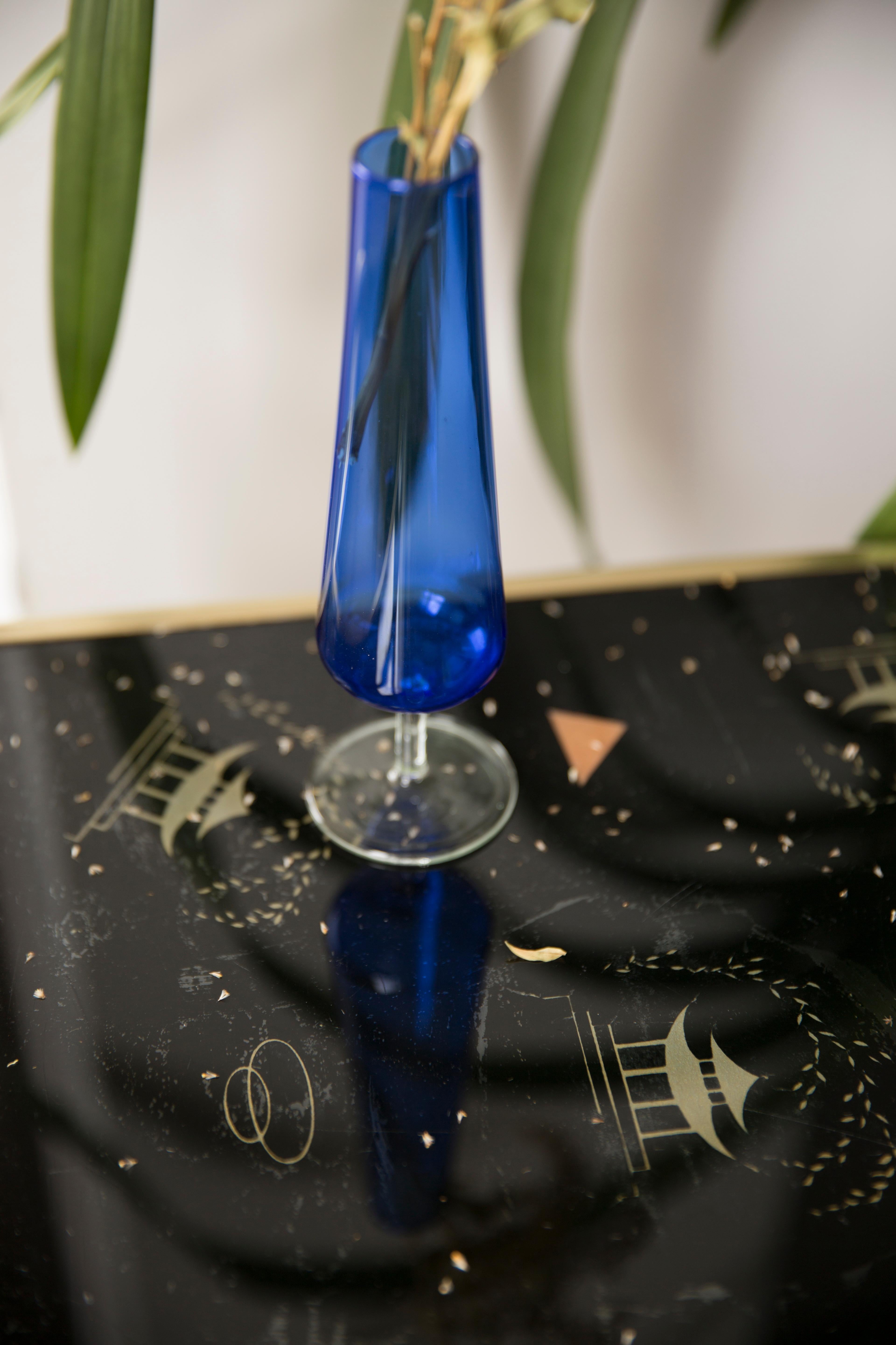 20th Century Mid Century Vintage Slim Blue Decorative Glass Vase, Europe, 1960s For Sale