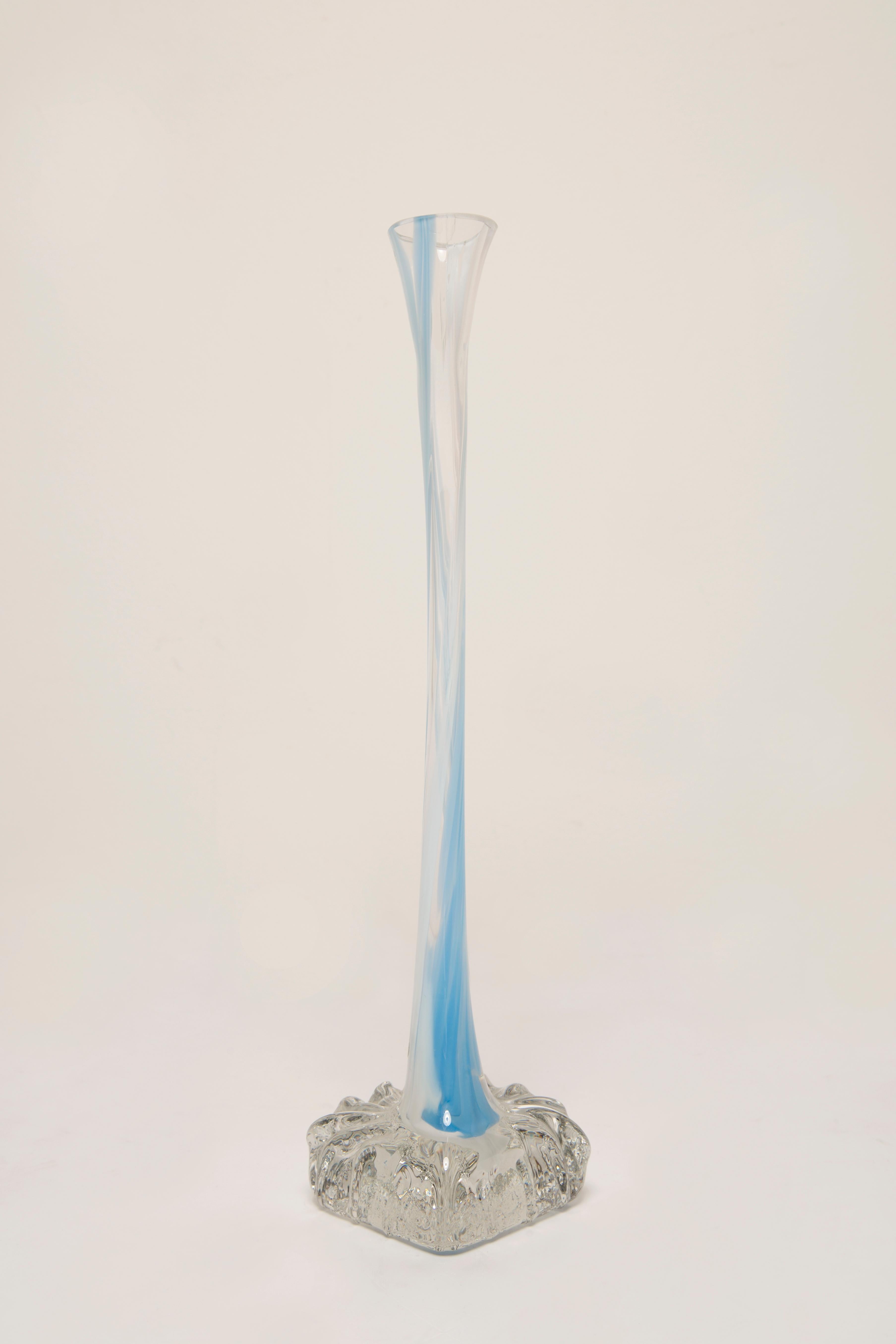 Midcentury Vintage Slim Blue Decorative Glass Vase, Europe, 1960s For Sale 1