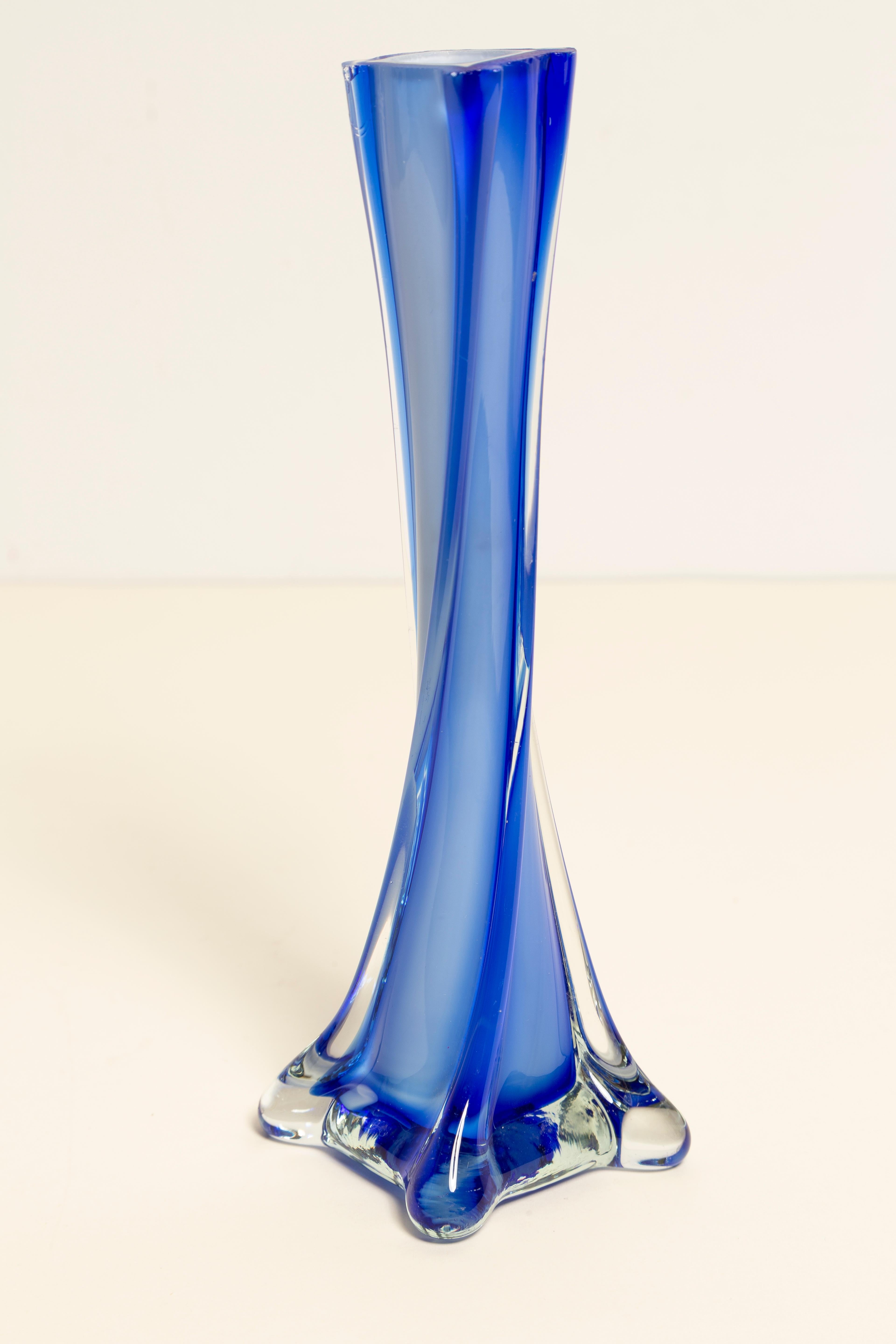 20th Century Midcentury Vintage Slim Blue Decorative Glass Vase, Europe, 1960s For Sale