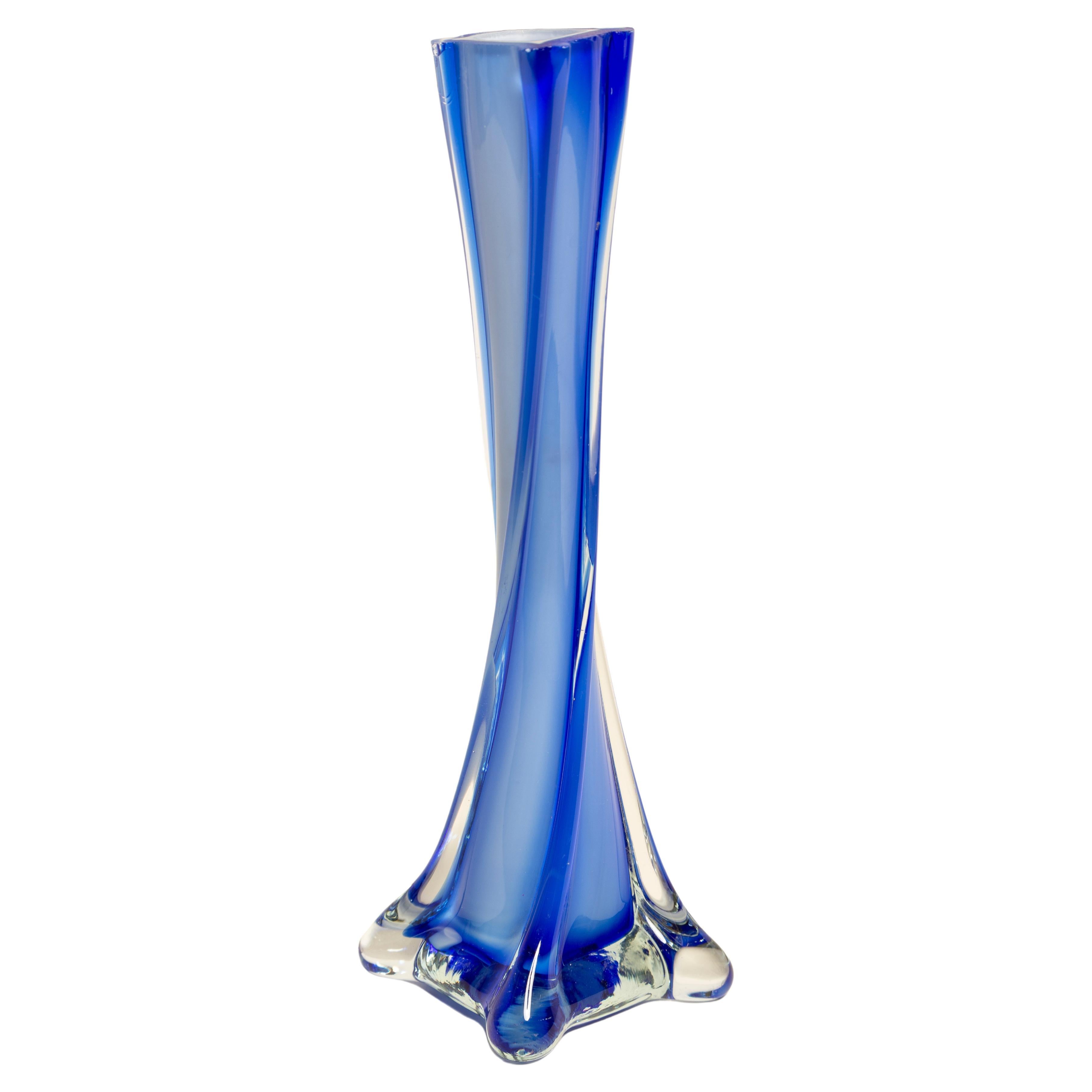 Midcentury Vintage Slim Blue Decorative Glass Vase, Europe, 1960s For Sale