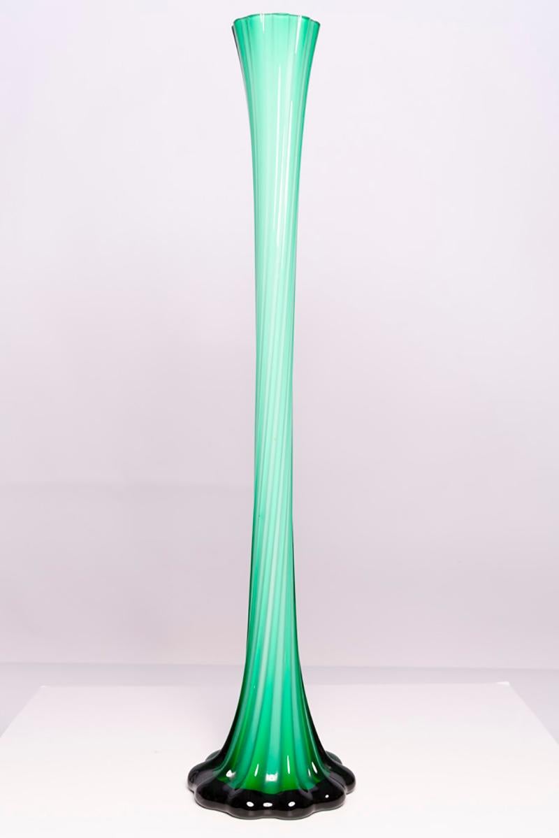 20th Century Mid Century Vintage Slim High Green Decorative Glass Vase, Europe, 1960s For Sale