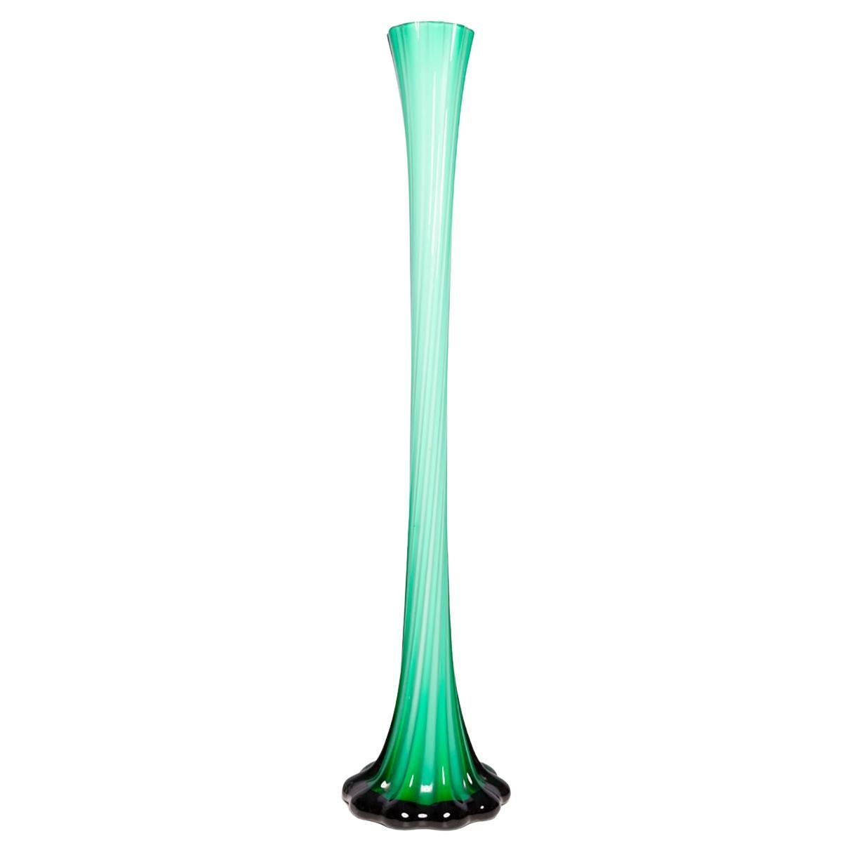 Mid Century Vintage Slim High Green Decorative Glass Vase, Europe, 1960s For Sale