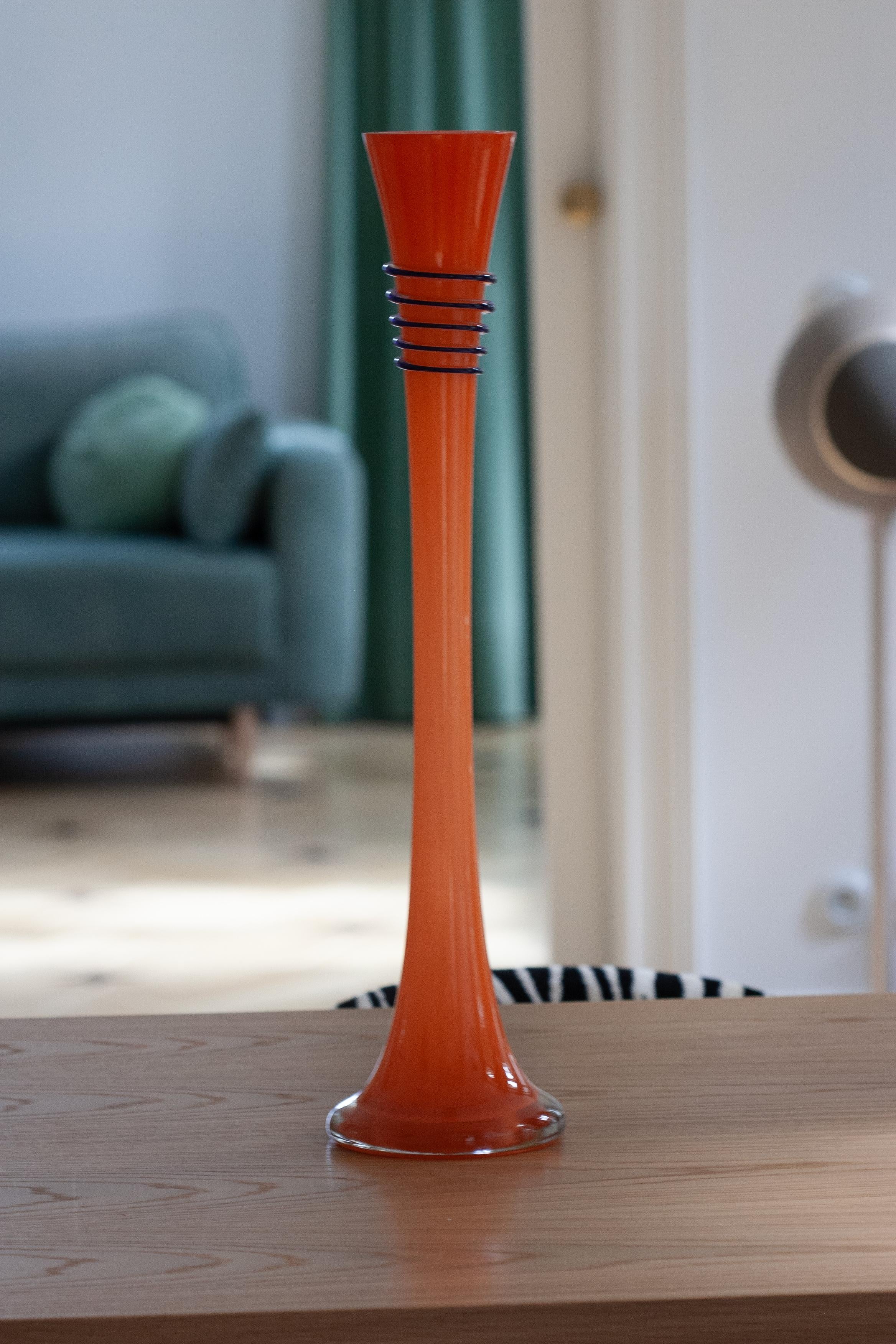 Mid Century Vintage Slim High Orange Decorative Glass Vase, Europe, 1960s For Sale 4