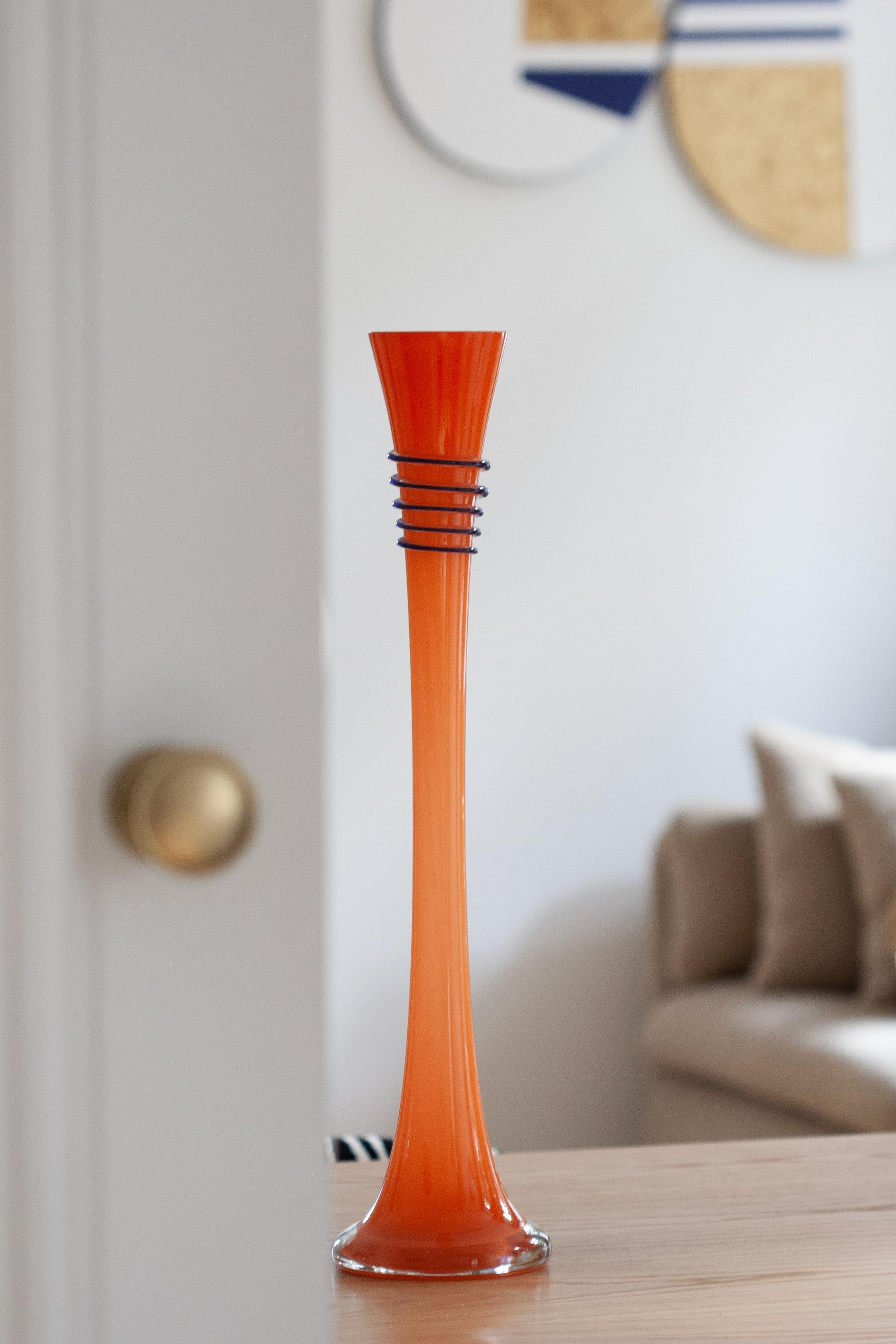 Mid Century Vintage Slim High Orange Decorative Glass Vase, Europe, 1960s For Sale 5