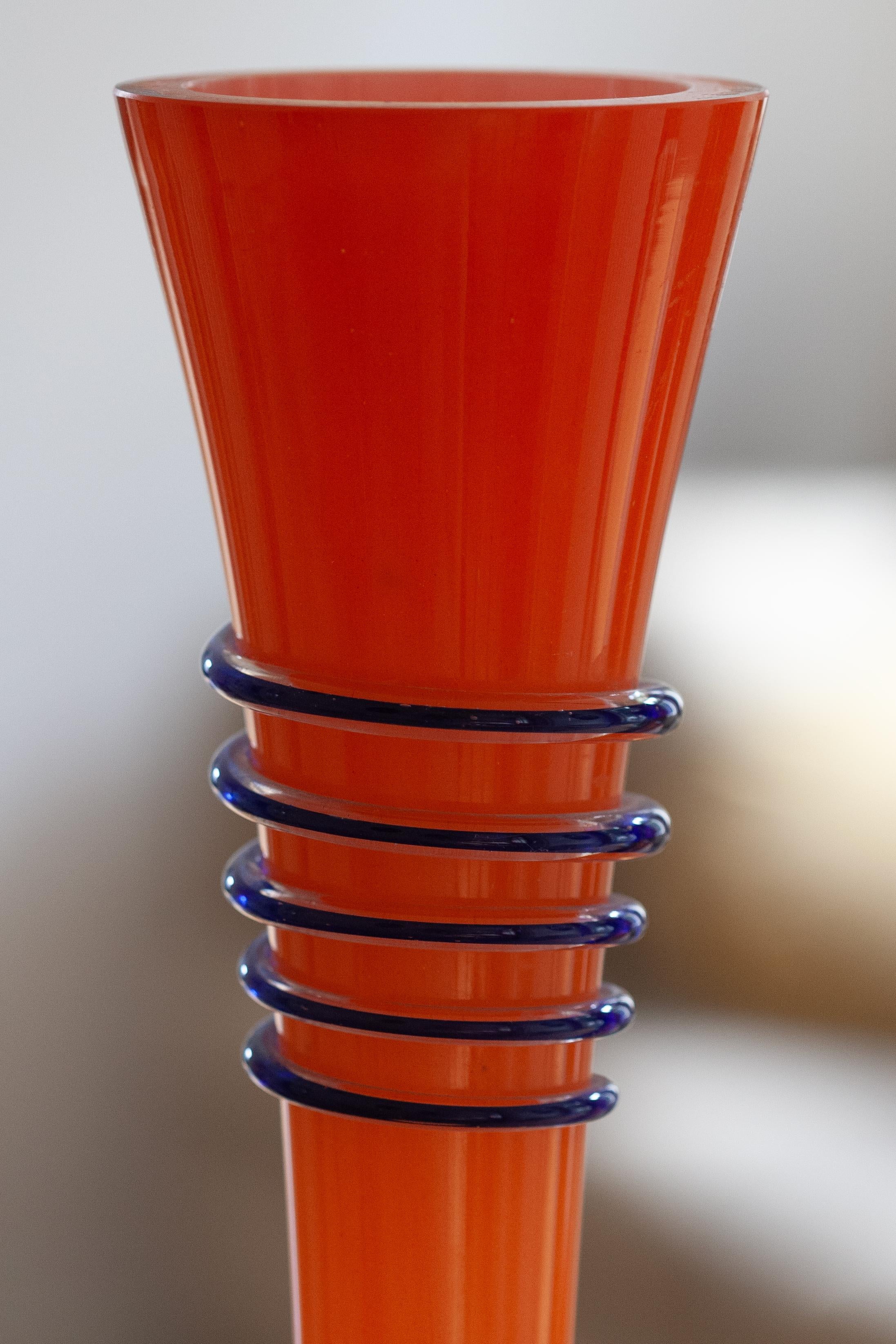 Mid Century Vintage Slim High Orange Decorative Glass Vase, Europe, 1960s For Sale 6