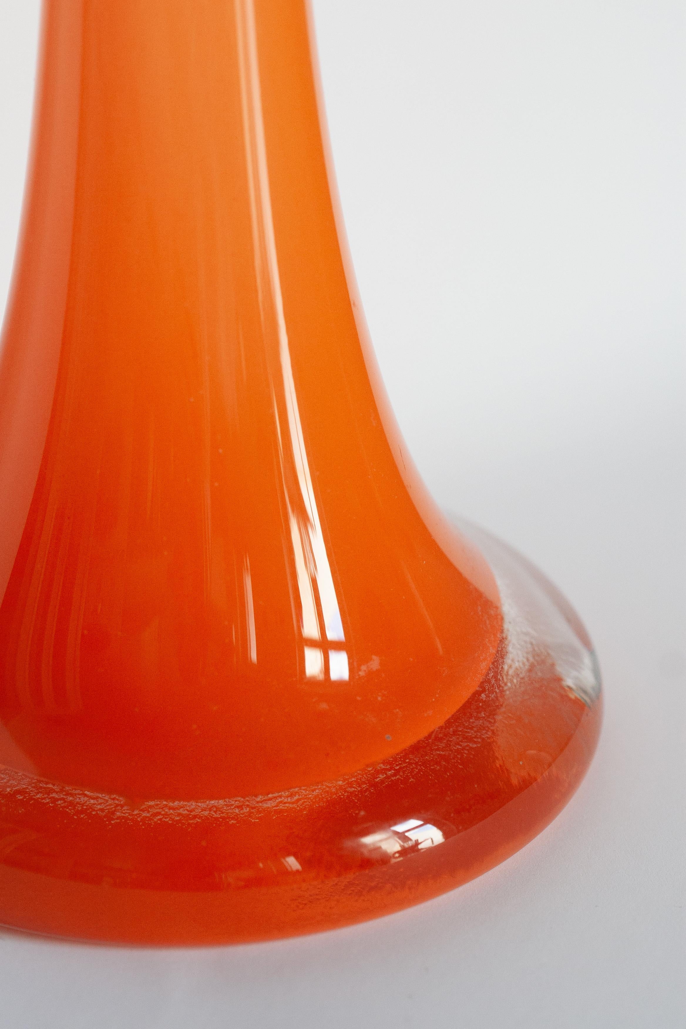 Polish Mid Century Vintage Slim High Orange Decorative Glass Vase, Europe, 1960s For Sale