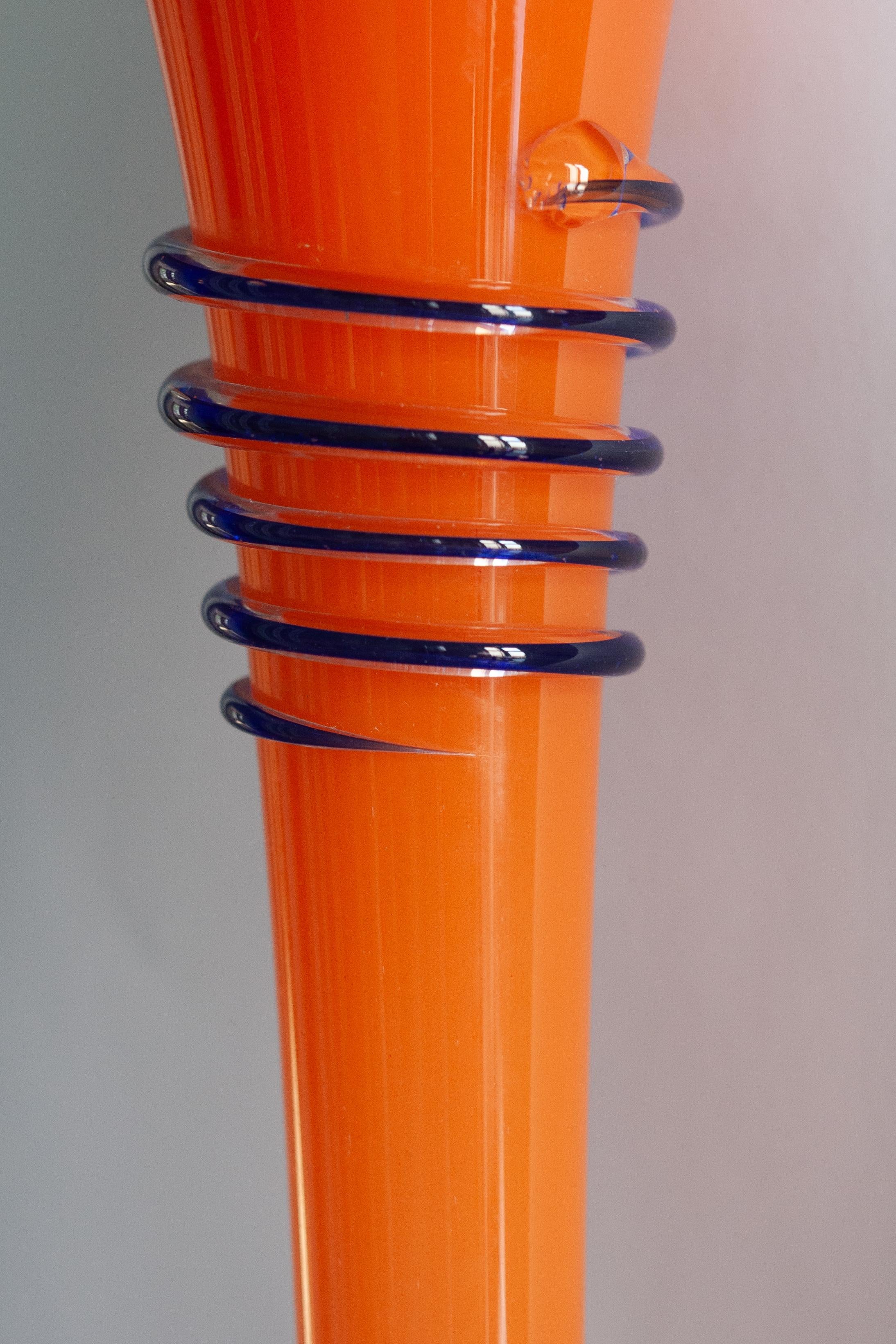 Mid Century Vintage Slim High Orange Decorative Glass Vase, Europe, 1960s In Good Condition For Sale In 05-080 Hornowek, PL
