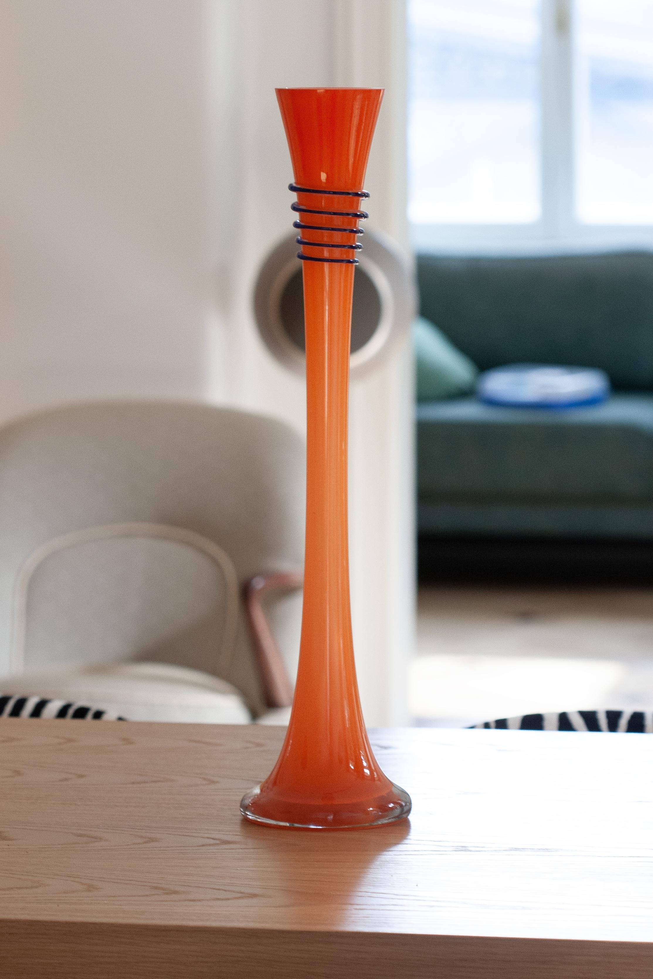 Mid Century Vintage Slim High Orange Decorative Glass Vase, Europe, 1960s For Sale 3