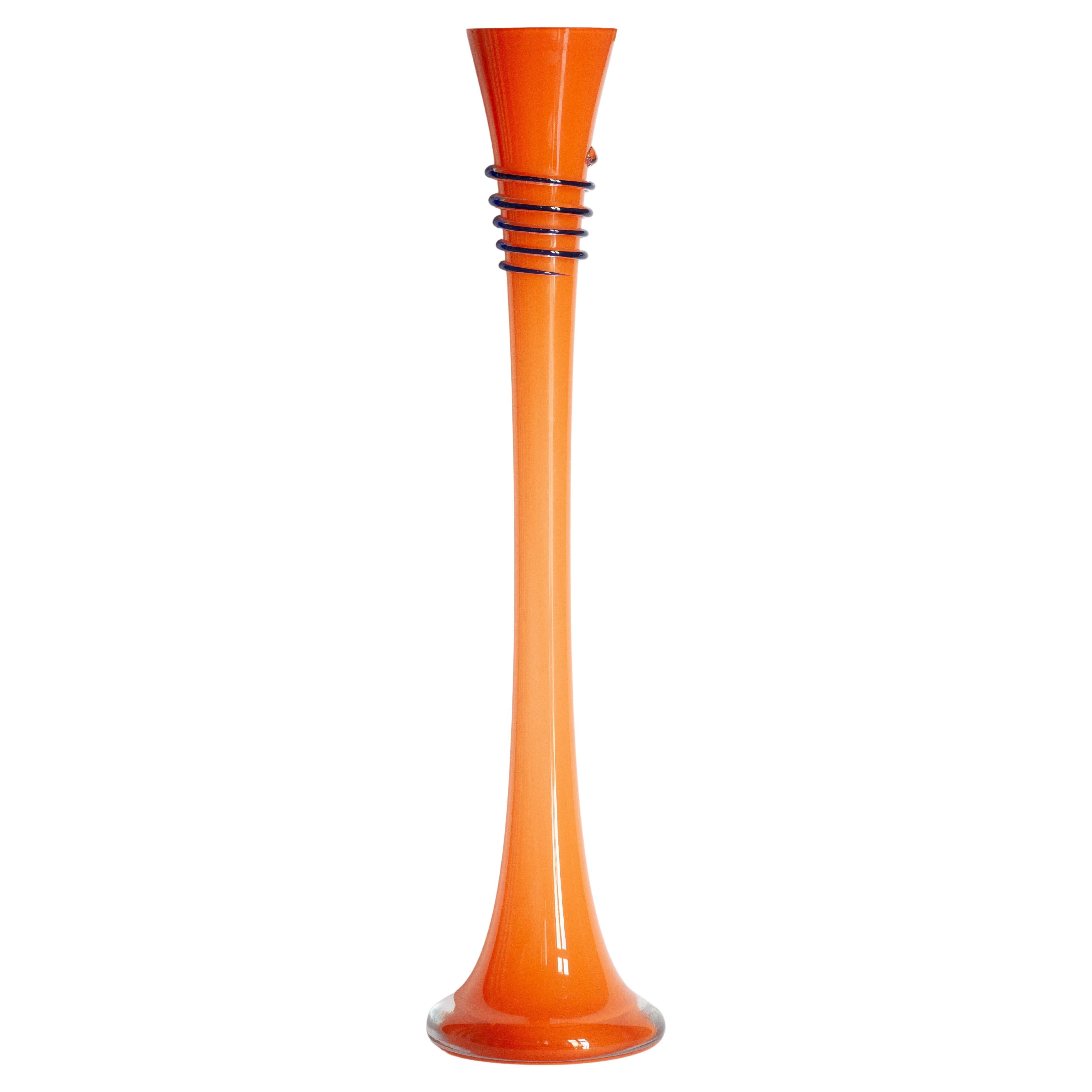 Mid Century Vintage Slim High Orange Decorative Glass Vase, Europe, 1960s