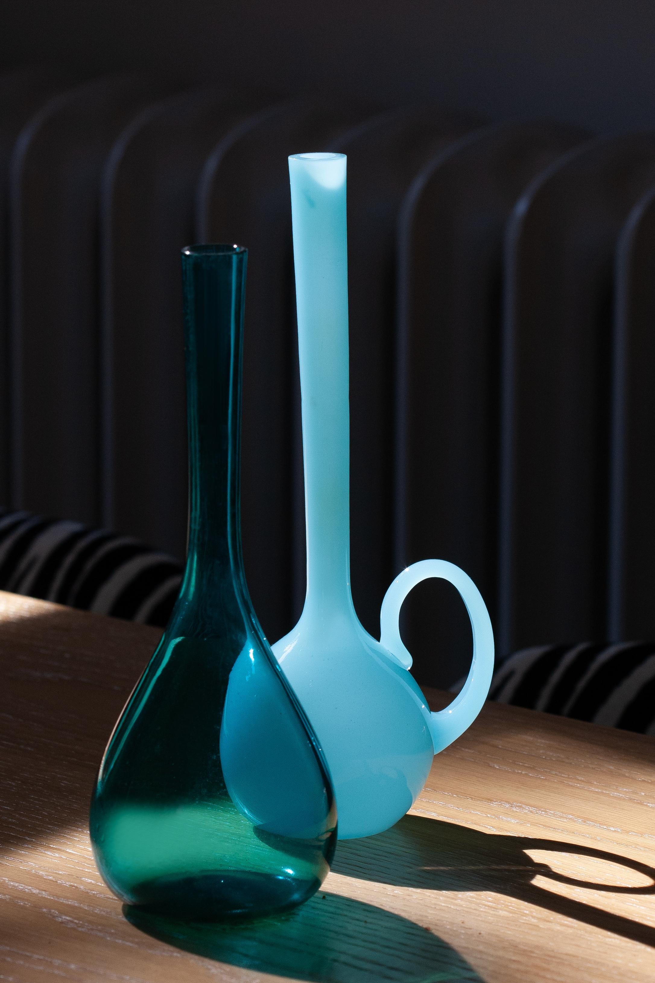 Mid-Century Modern Mid Century Vintage Slim Light Blue Decorative Glass Vase, Europe, 1960s For Sale