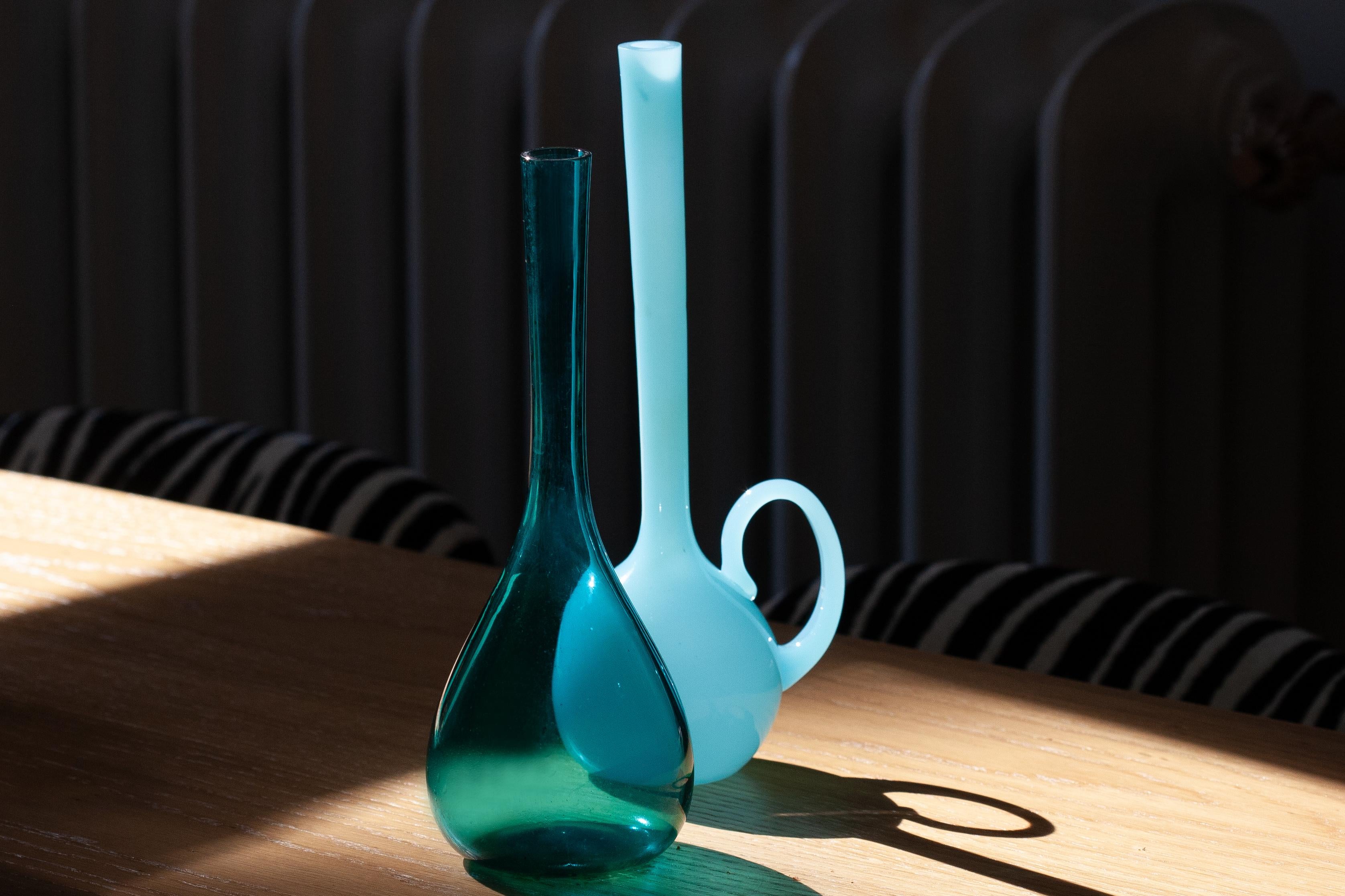 Polish Mid Century Vintage Slim Light Blue Decorative Glass Vase, Europe, 1960s For Sale