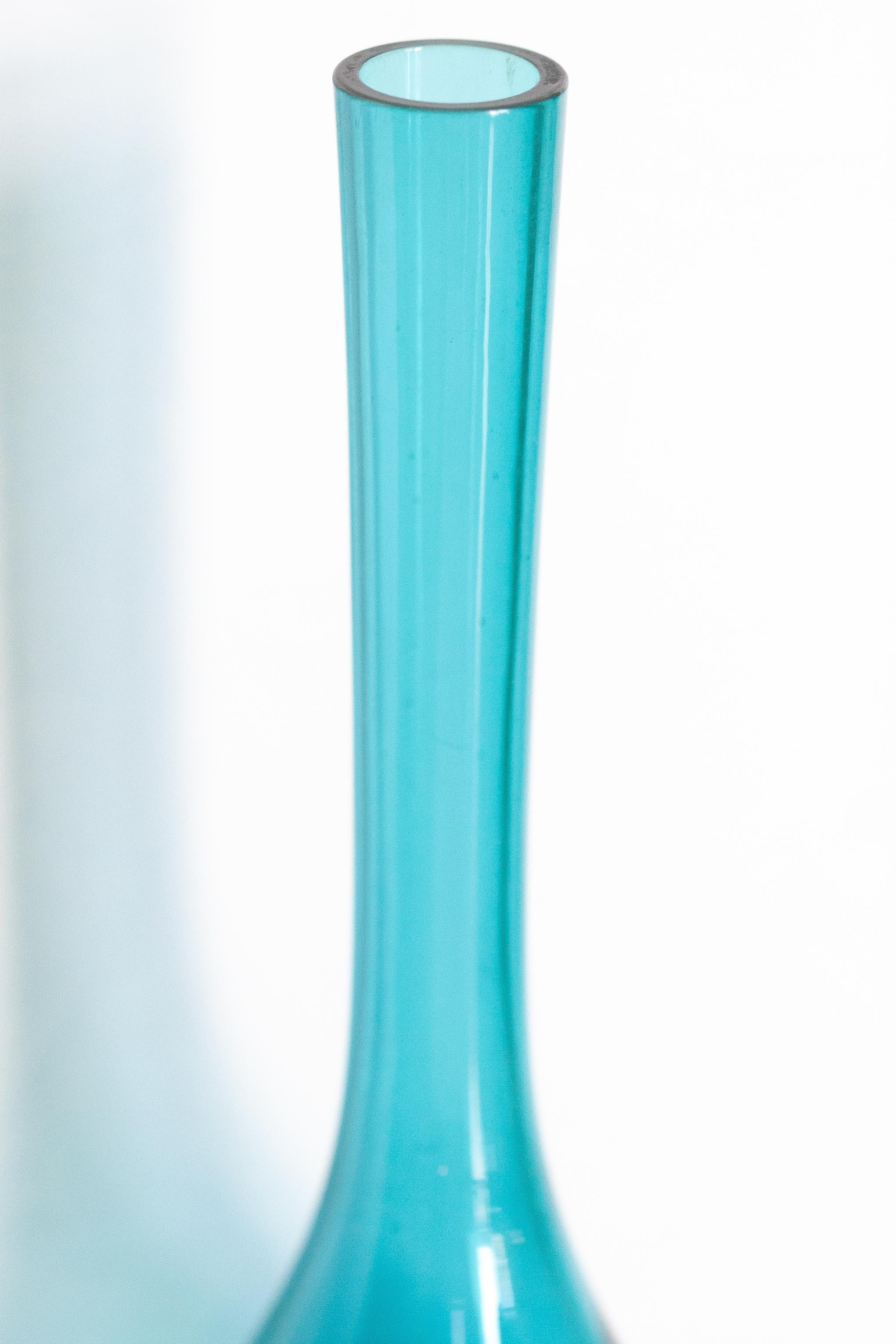 20th Century Mid Century Vintage Slim Light Blue Decorative Glass Vase, Europe, 1960s For Sale