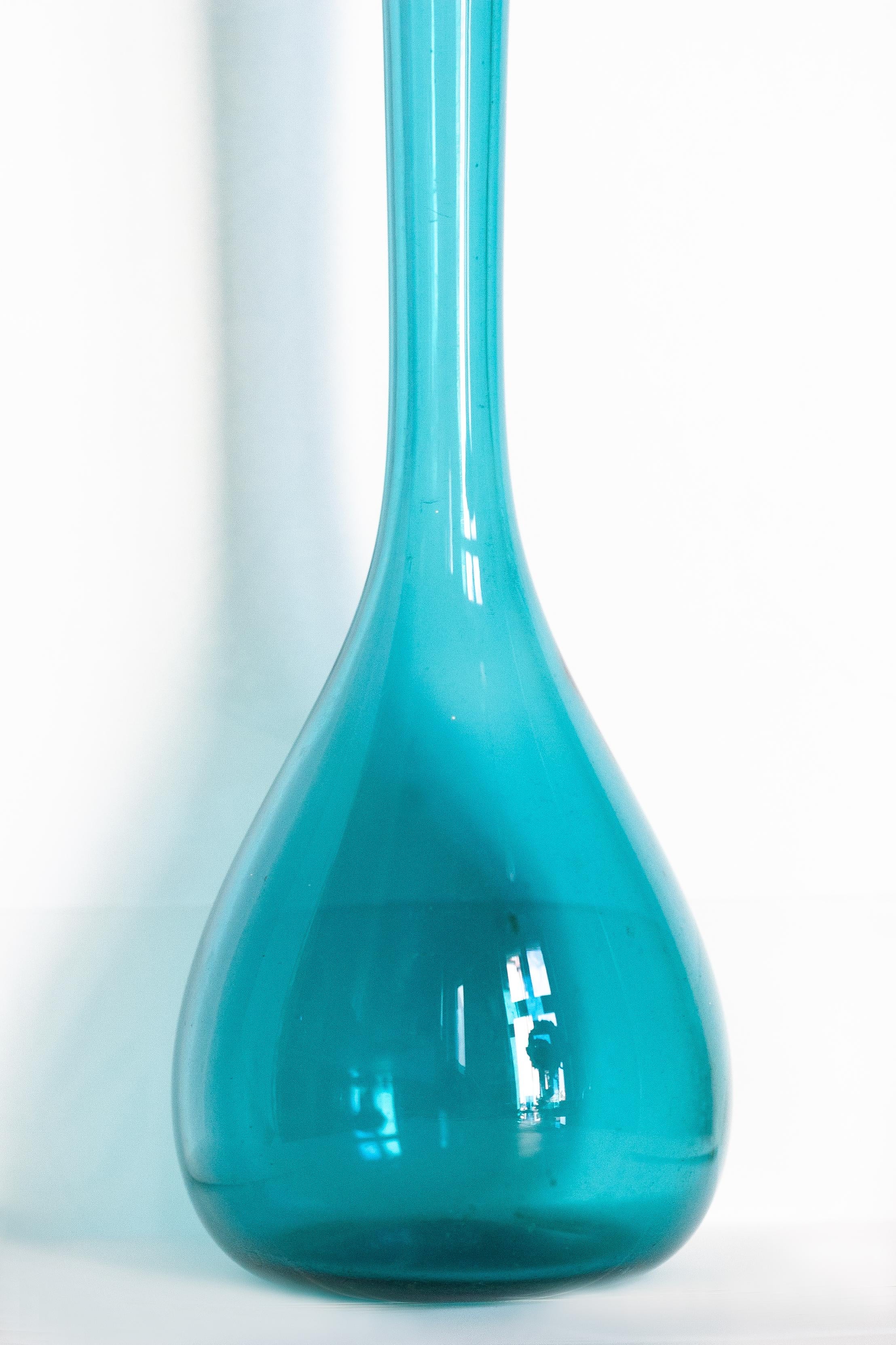 Mid Century Vintage Slim Light Blue Decorative Glass Vase, Europe, 1960s For Sale 1
