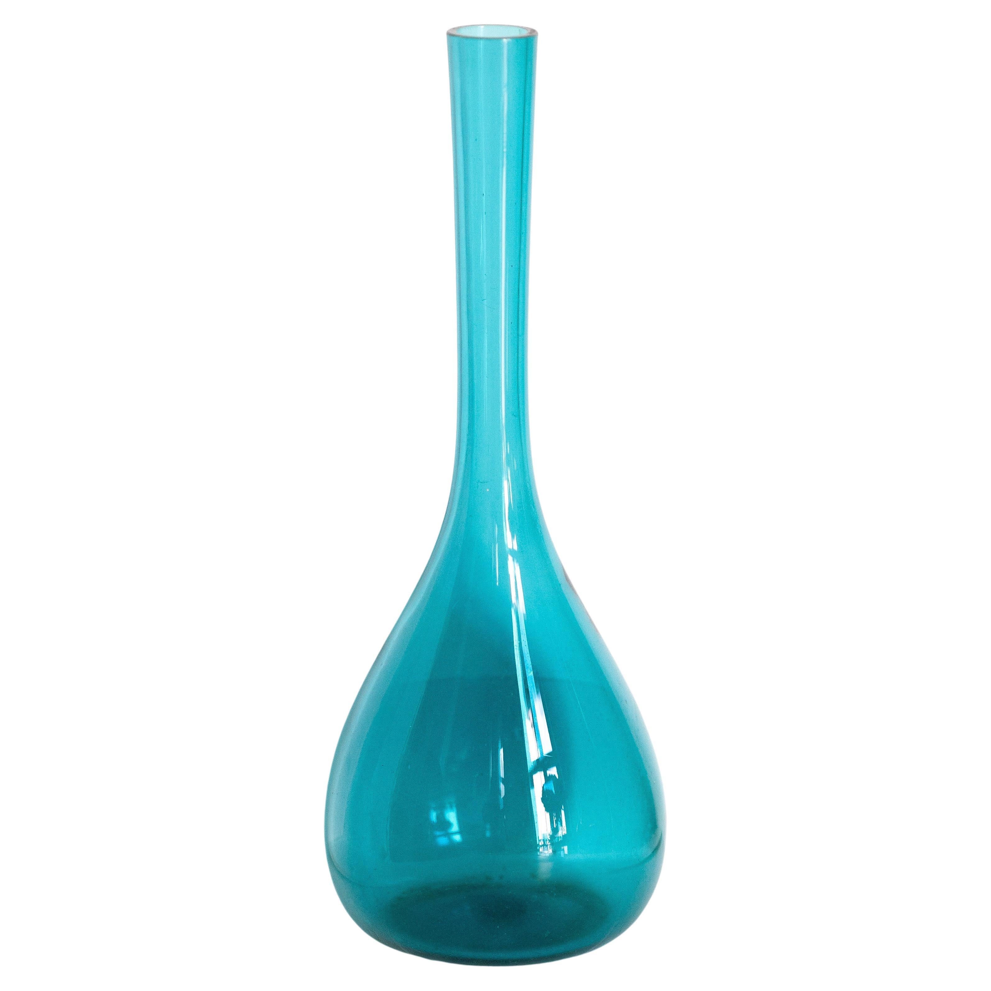 Mid Century Vintage Slim Light Blue Decorative Glass Vase, Europe, 1960s For Sale