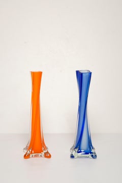 Mid Century Vintage Slim Orange and Blue Decorative Glass Vases, Europe, 1960s