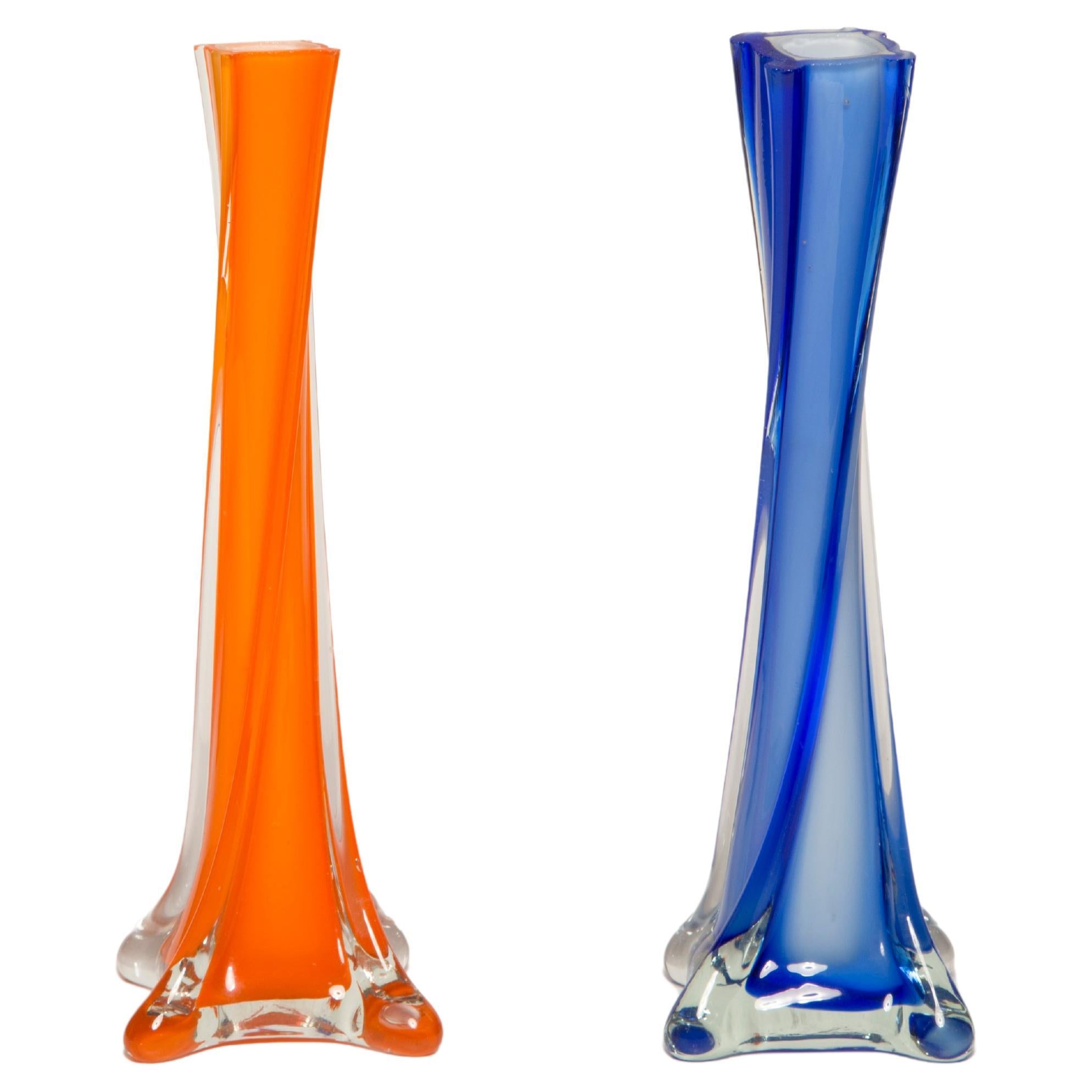Mid Century Vintage Slim Orange and Blue Decorative Glass Vases, Europe, 1960s