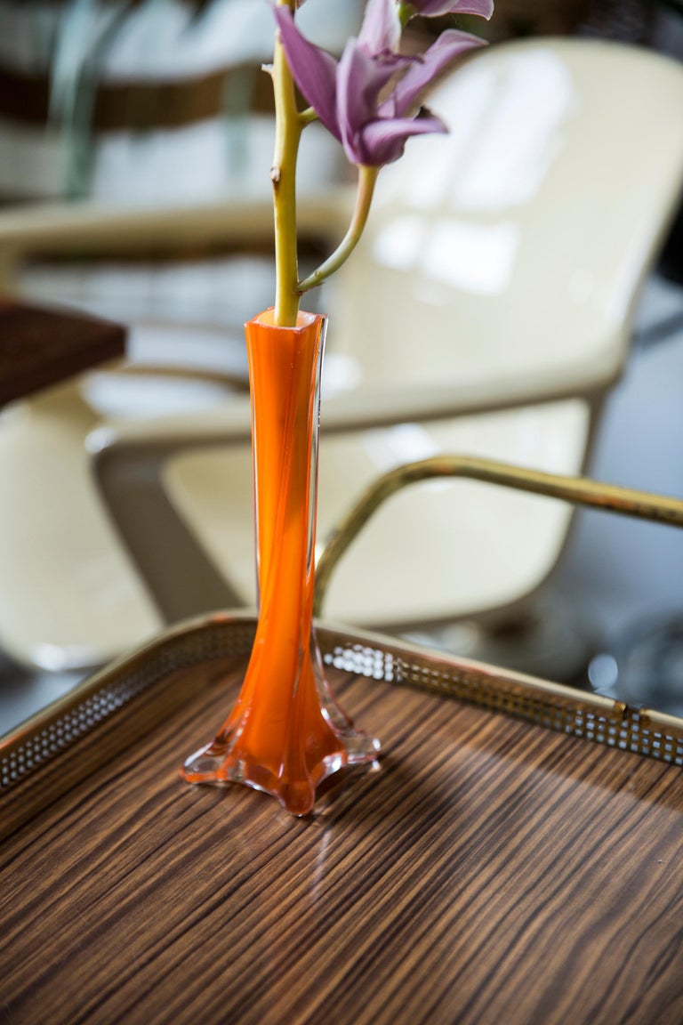Midcentury Vintage Slim Orange Decorative Glass Vase, Europe, 1960s For