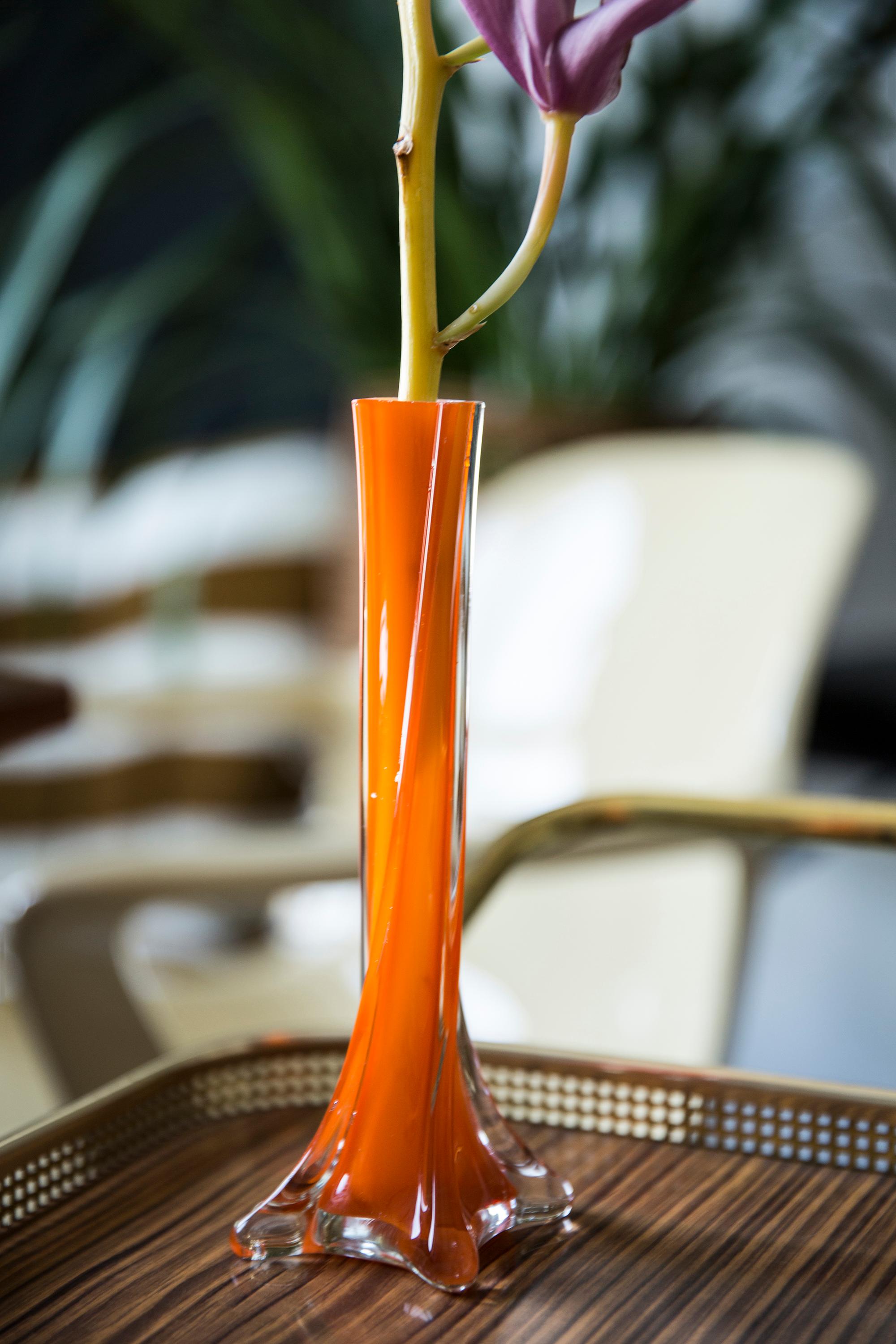 Mid-Century Modern Midcentury Vintage Slim Orange Decorative Glass Vase, Europe, 1960s For Sale