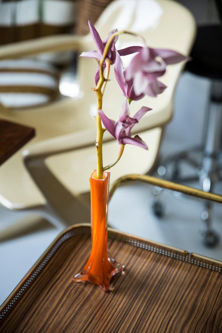 Midcentury Vintage Slim Orange Decorative Glass Vase, Europe, 1960s For